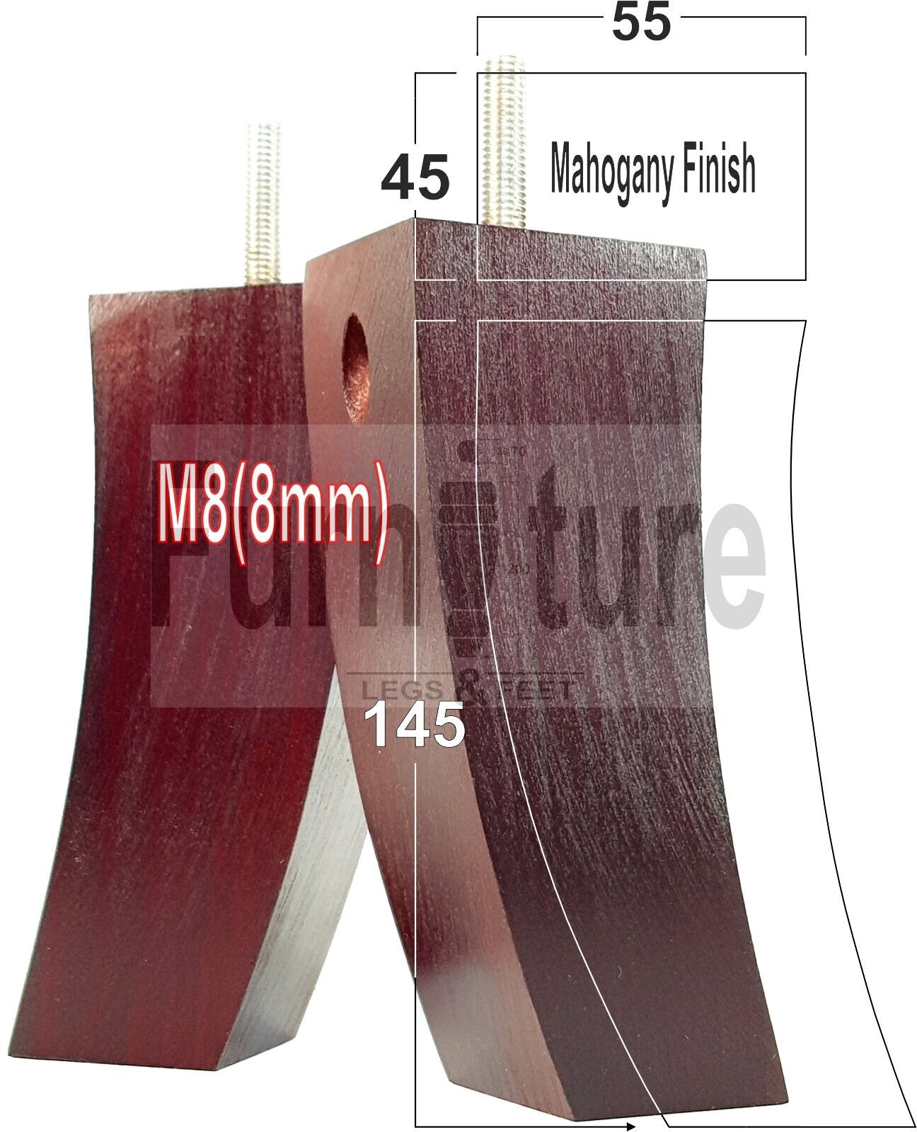 Set Of 4 Solid Wood Curved Furniture Feet Replacement Legs 145mm High M8(8mm)