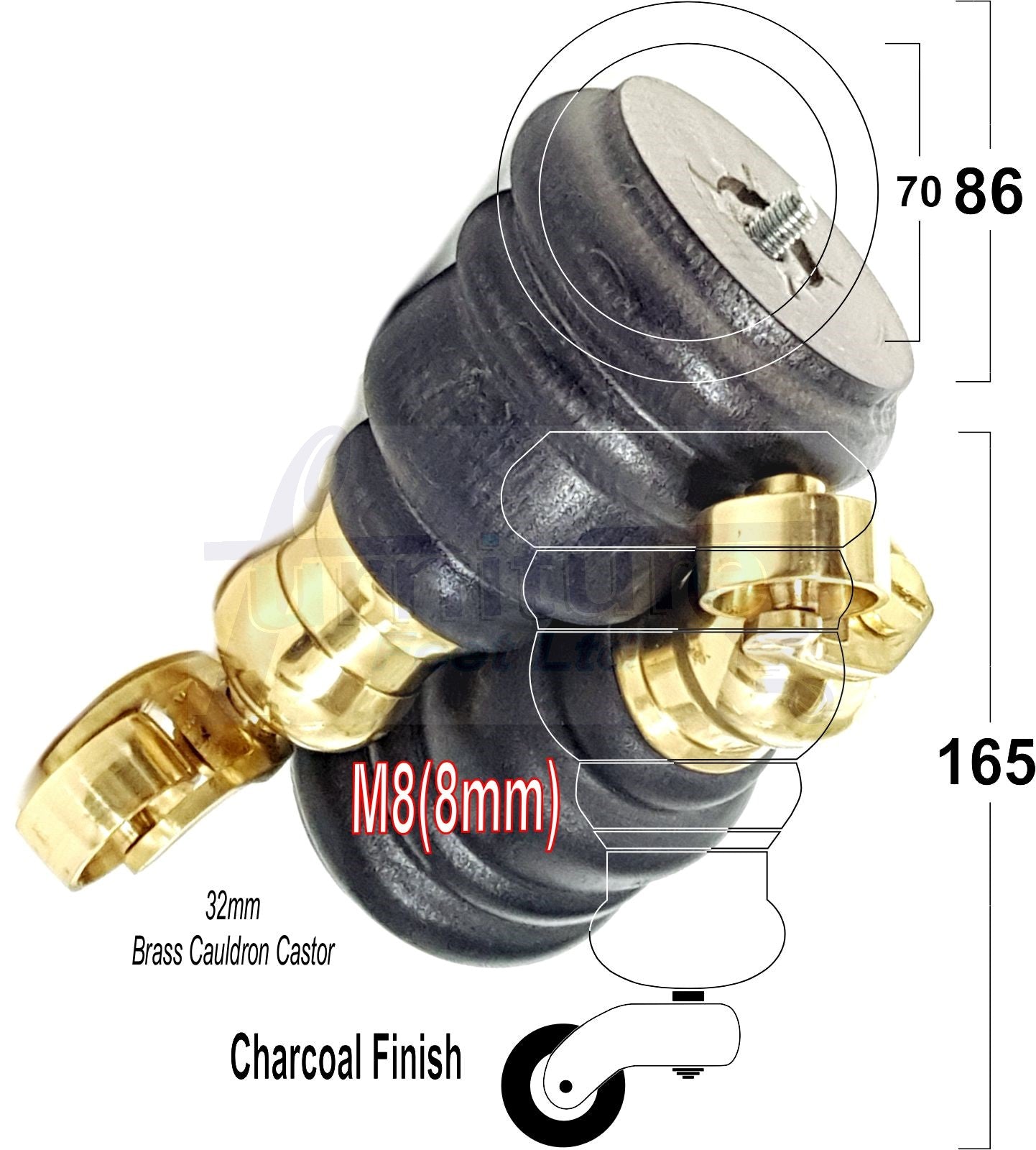 4 Turned Wood Furniture Feet With Brass Cauldron Castors 160mm Legs Sofas Chairs Stools Cabinets Beds M8 6 Inches