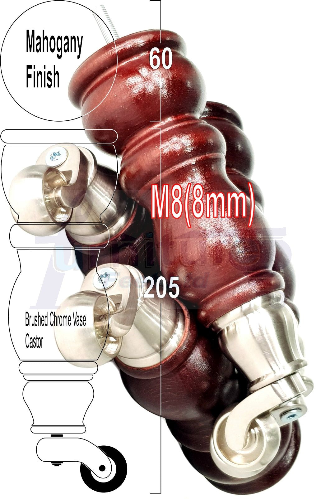 Solid Wood Furniture Feet With Castors Set of 4 Legs 205mm High For Sofas Chairs Cabinets & Beds M8 Mahogany Finish