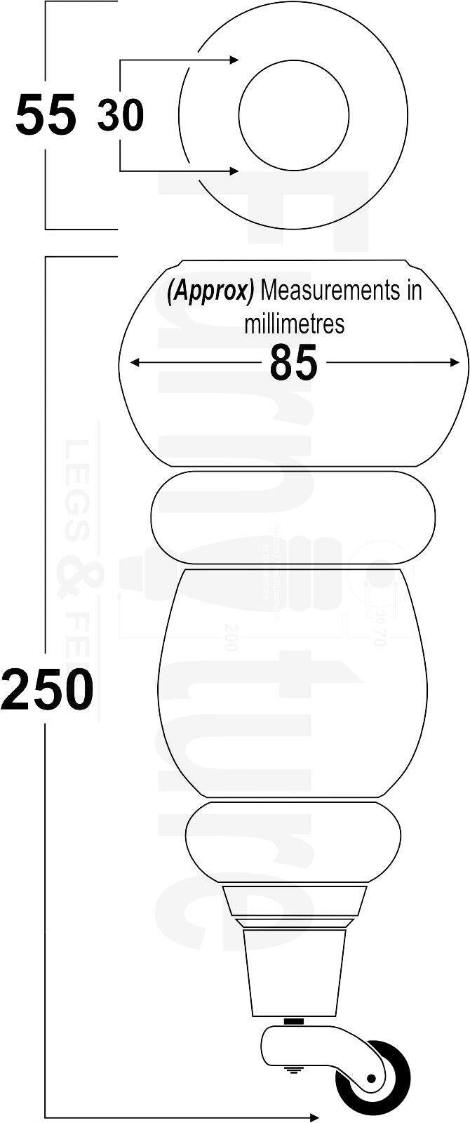 4x Turned Wood Furniture Antique Castor Leg M8 Replacement Feet Chairs Stools Sofa 250mm