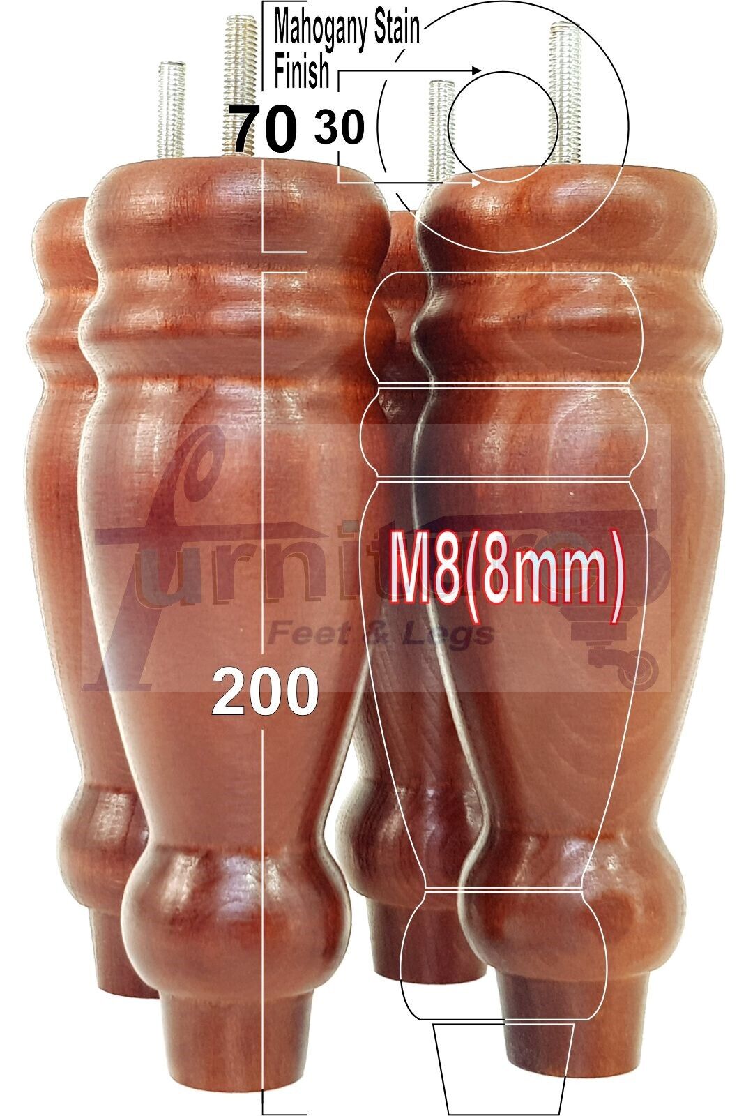 Set Of 4 Turned Furniture Legs Replacement Sofa Feet 200mm High M8 Thread