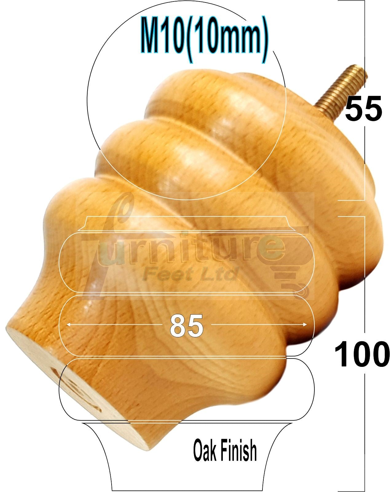 4 Solid Wood Turned Furniture Legs Replacement Bun Feet 100mm High 10mm Thread