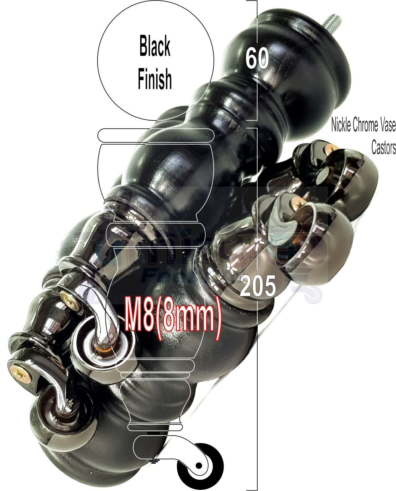 4x Furniture Feet With Castor 205mm High Legs Black Wood M8 Sofas Chairs Stools Cabinets 8 Inches Tall