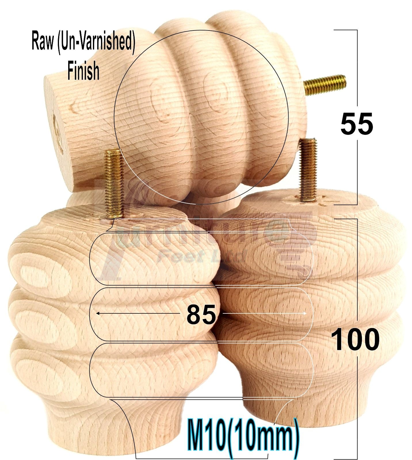 4 Solid Wood Turned Furniture Legs Replacement Bun Feet 100mm High 10mm Thread