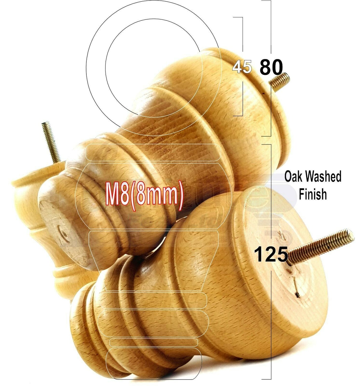4 Turned Wood Furniture Chair Legs M8 Replacement Sofa Settee Feet 125mm High