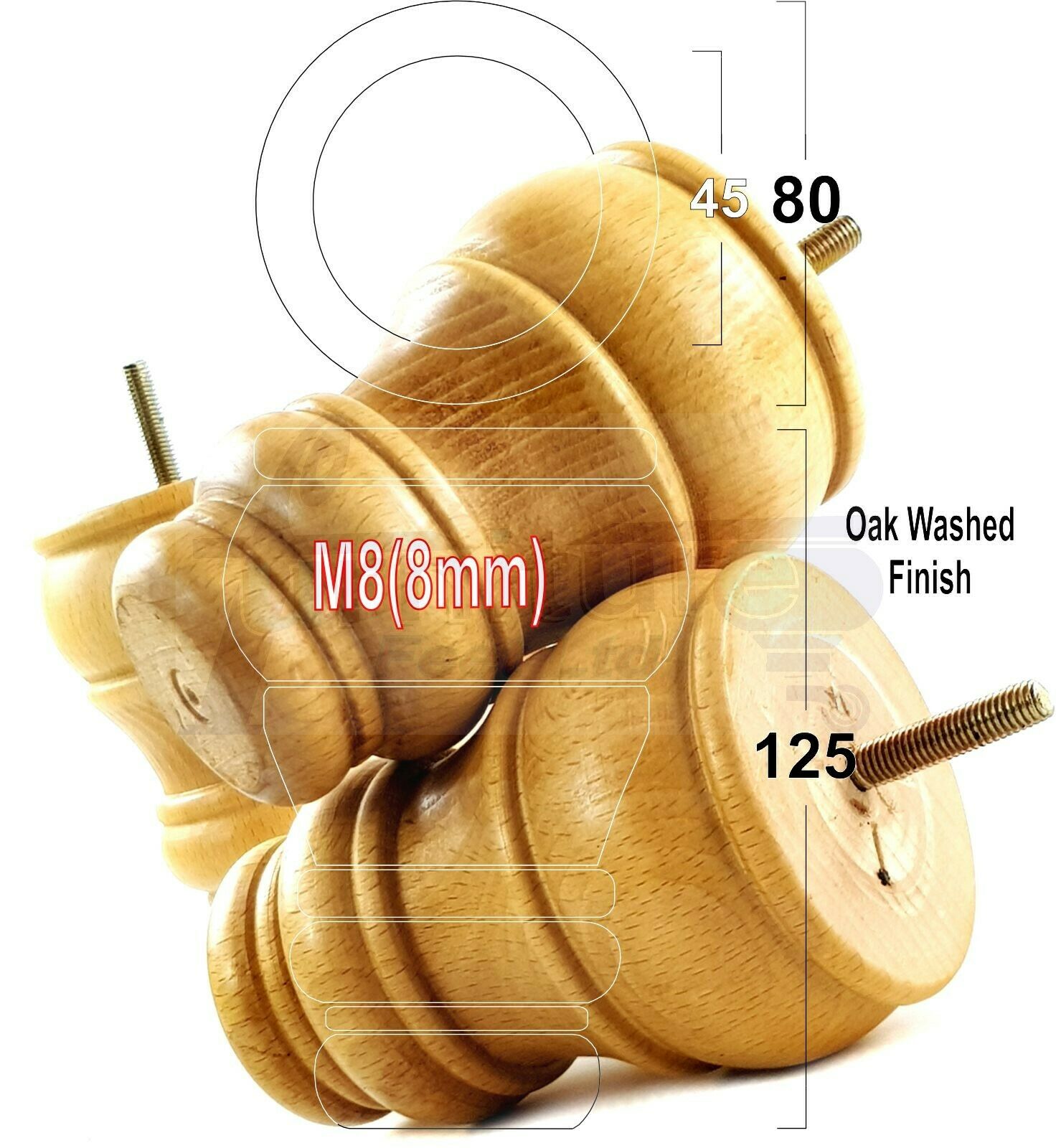 4 Turned Wood Furniture Chair Legs M8 Replacement Sofa Settee Feet 125mm High