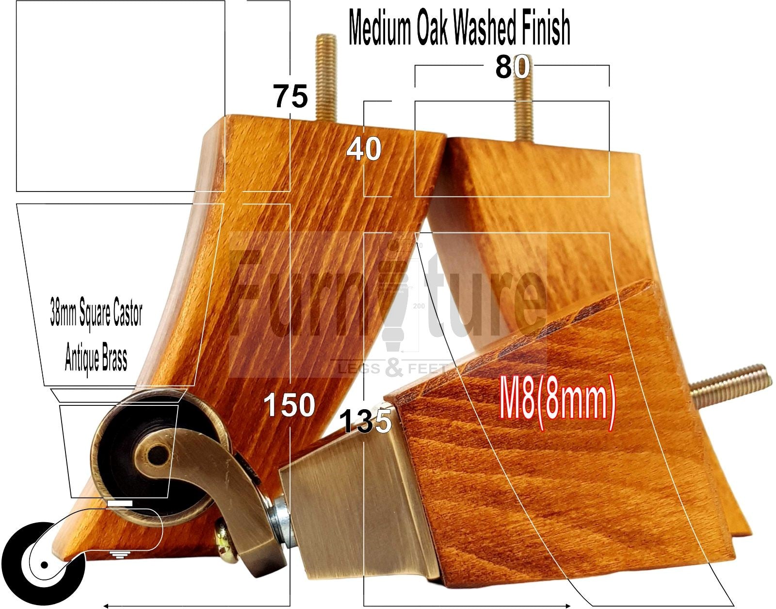 2x Cuved Wood Furniture Legs & 2x Castor Feet 150mm High For Chairs Sofas Settees 8mm Thread