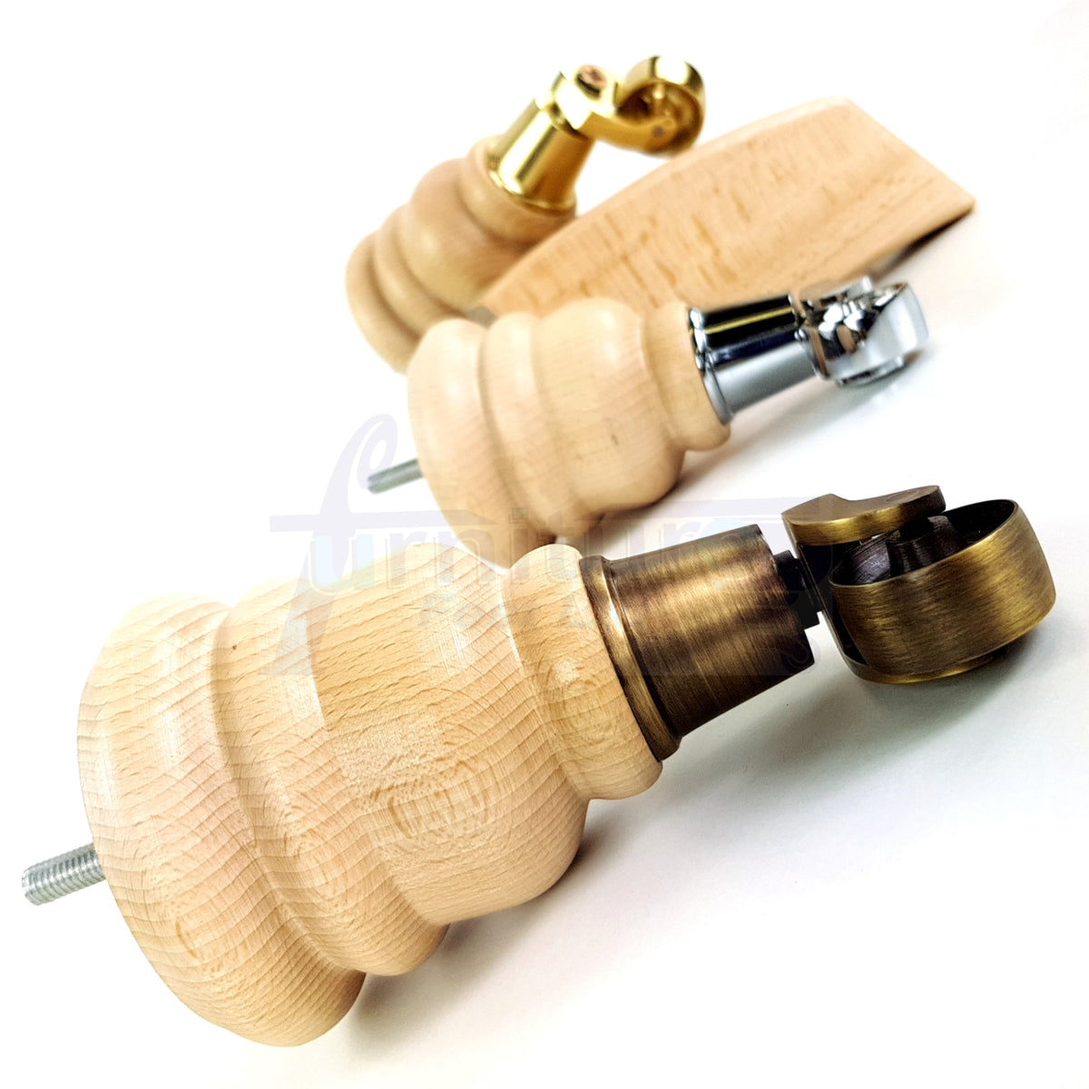 Turned Clear Wood Furniture Legs Replacement Feet 2 with Castors 155mm and 2 Curved Back Legs M8 6 Inches