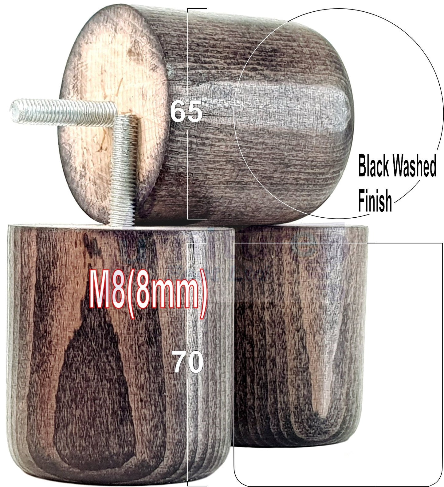 4x Solid Wood Turned Furniture Legs Replacement Bun Feet 70mm High 8mm Thread