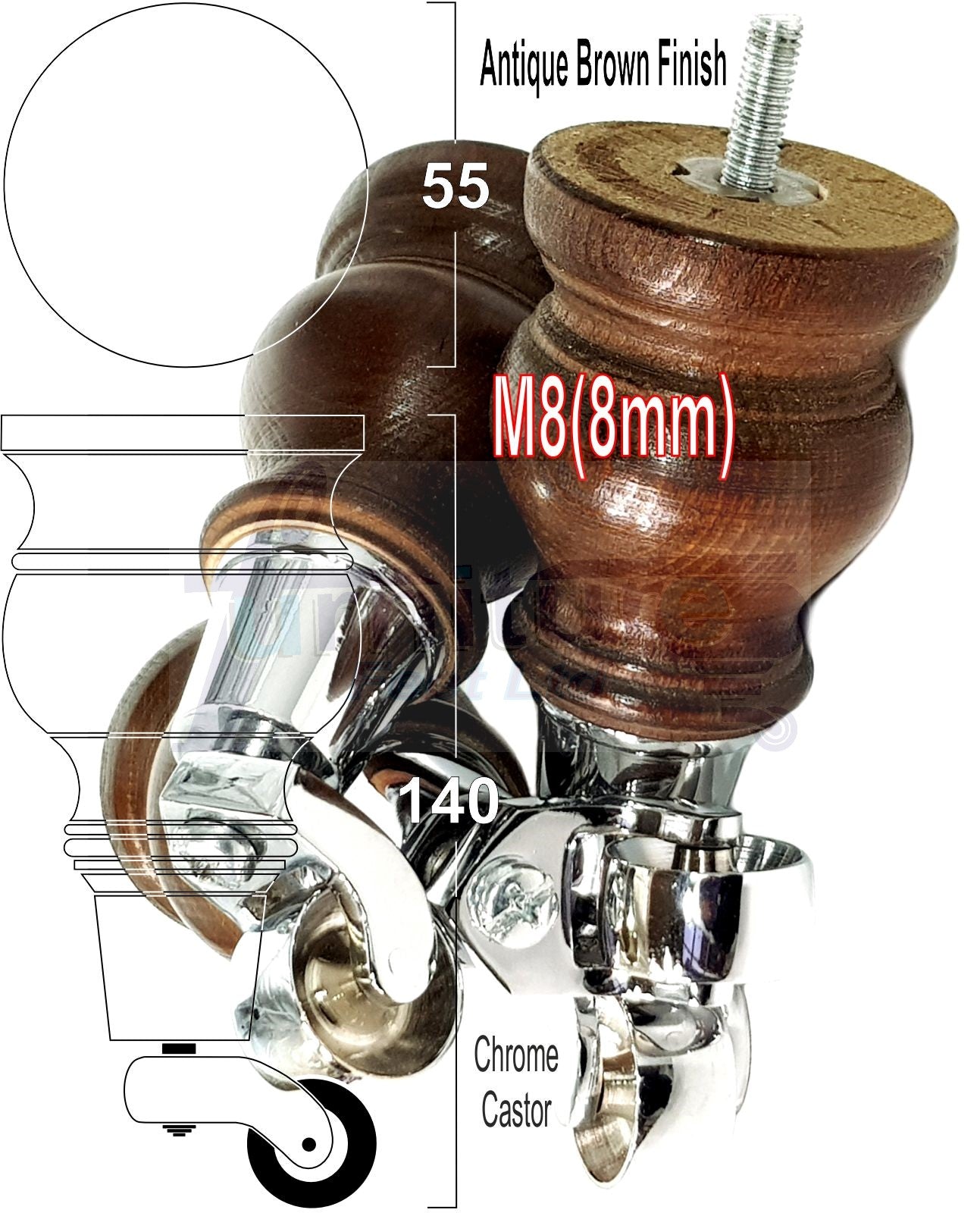 4x Turned Wood Furniture Legs With Chrome Castor 150mm High M8 For Settees Chairs & Cabinets