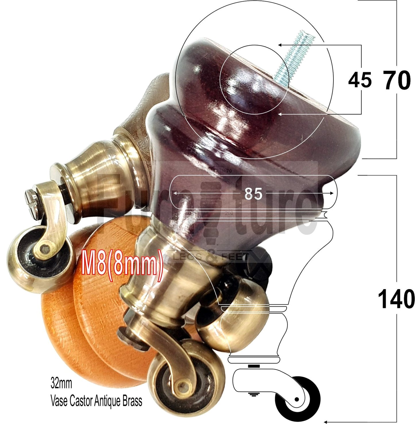 Set Of 4 Turned Furniture Wood Feet With Castors 140mm Sofas Chairs Settee Cabinets Beds M8(8mm)