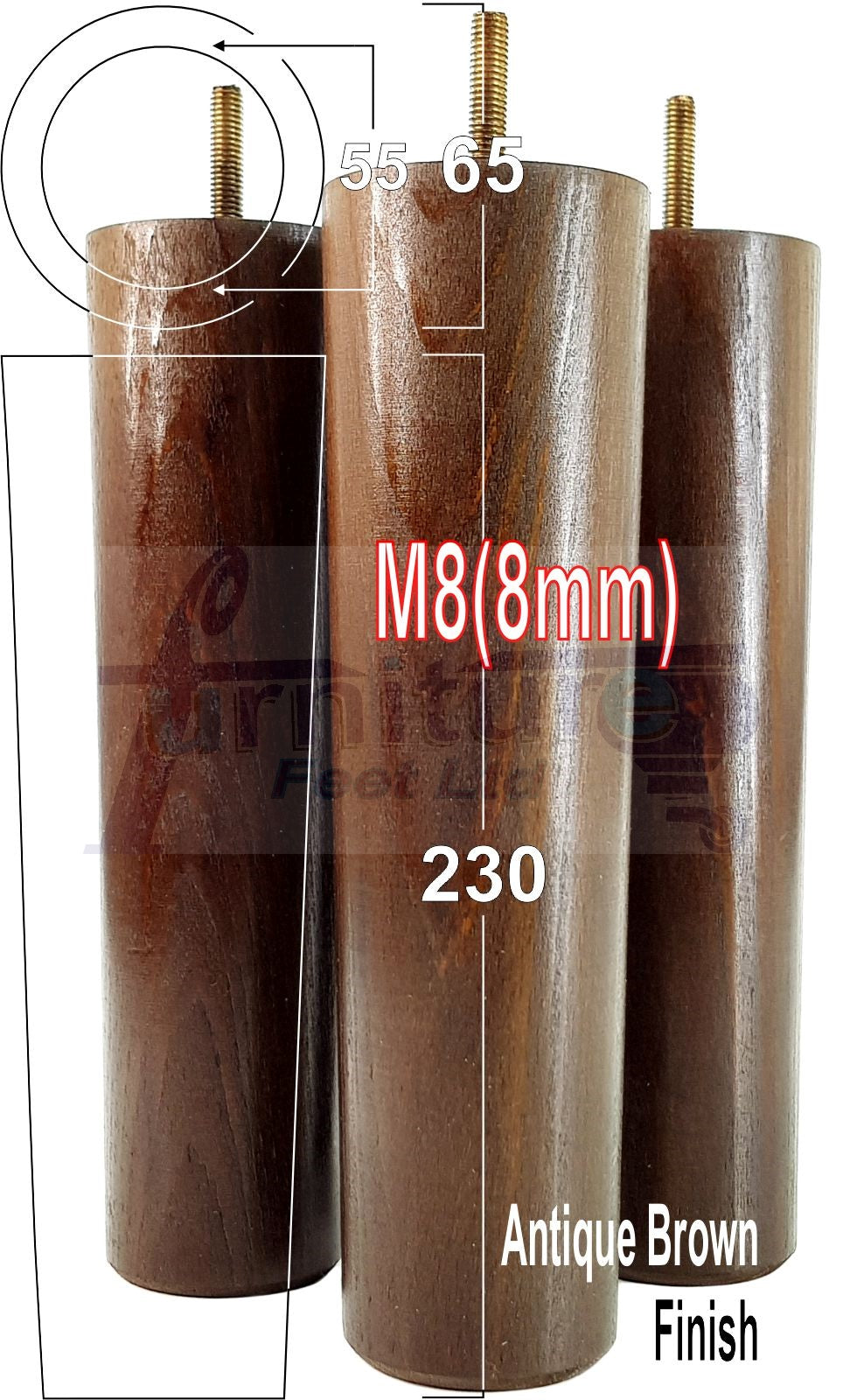 4 Furniture Legs Replacement Feet 230mm Chairs Settee & Cabinets M8 Thread Antique Brown