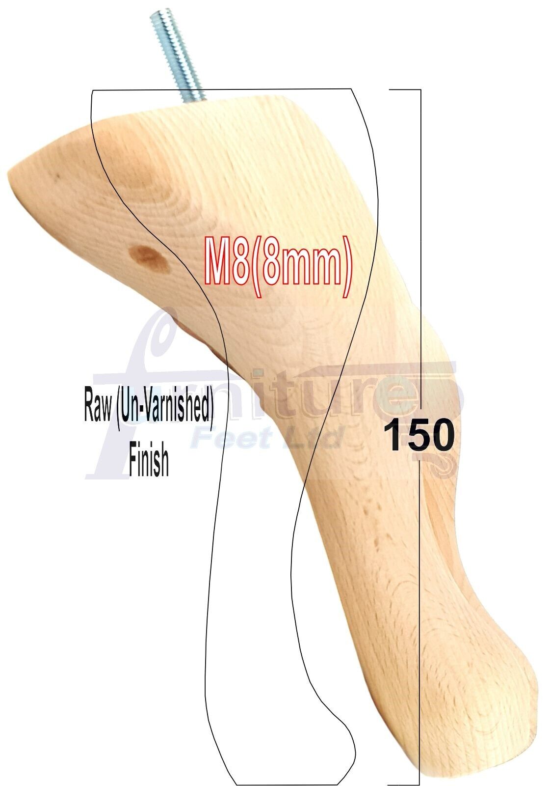 4 Solid Wood Furniture Feet 150mm High Queen Anne Replacement Legs M8 (8mm) 6 Inches Chair Stools Bed Sofa Georgian Style