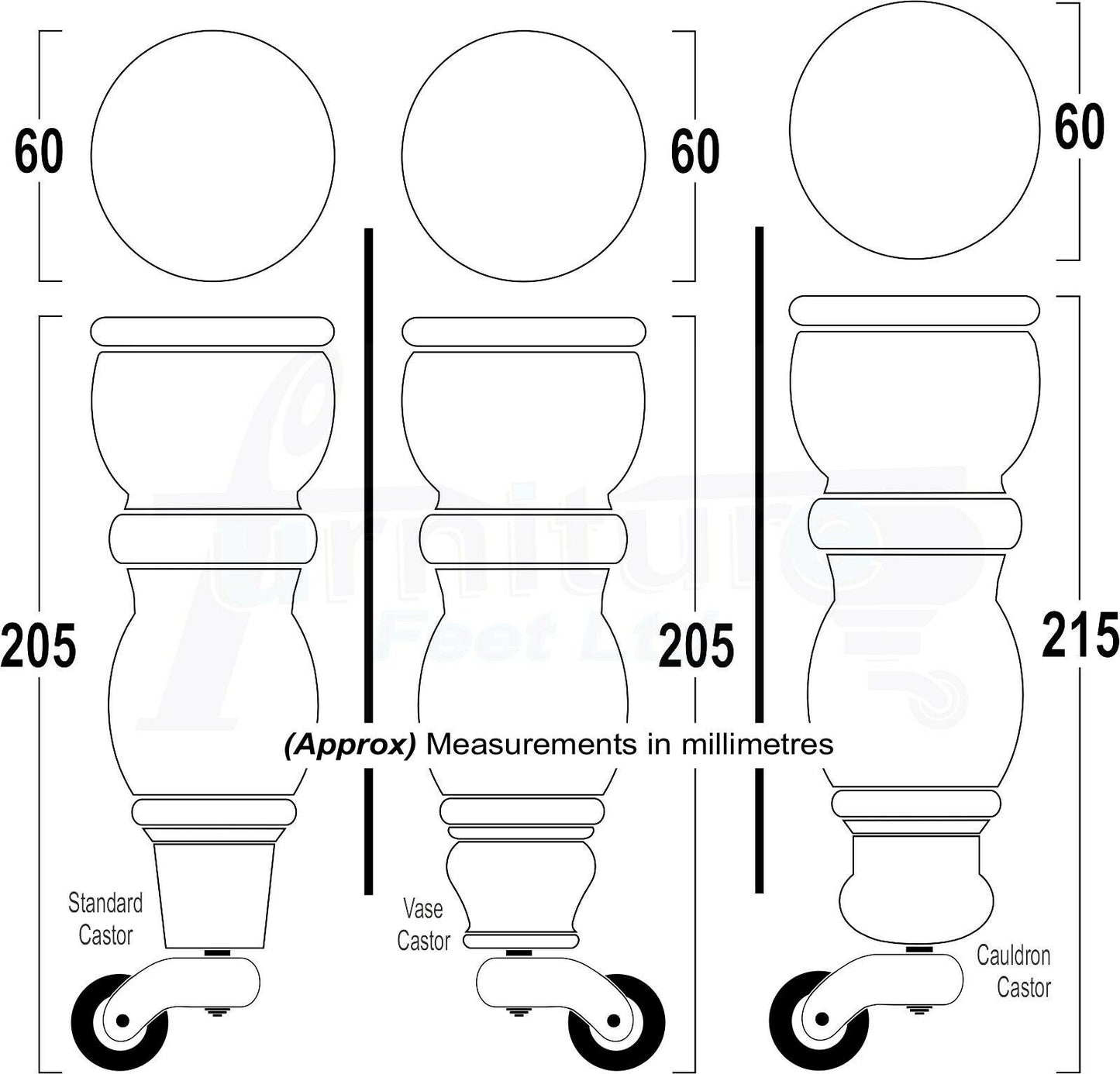 4x Furniture Feet With Castor 205mm High Legs Black Wood M8 Sofas Chairs Stools Cabinets 8 Inches Tall