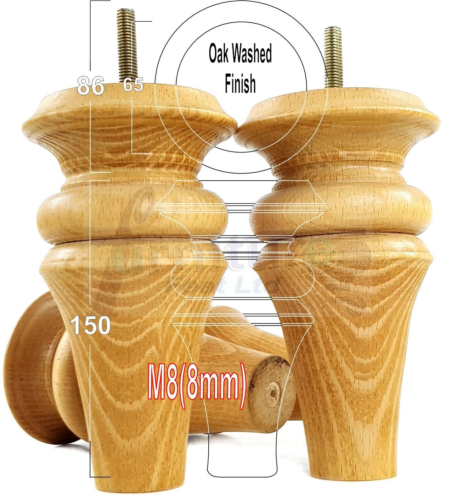 4x Turned Furniture Legs 150mm High M8(8mm) Replacement Feet