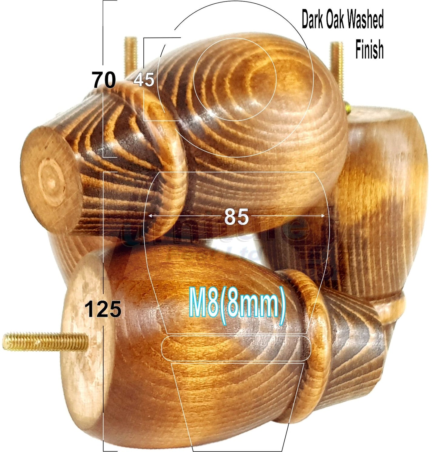 Set Of 4 Solid Wood Turned Replacement Furniture Legs 125mm High 8mm Thread