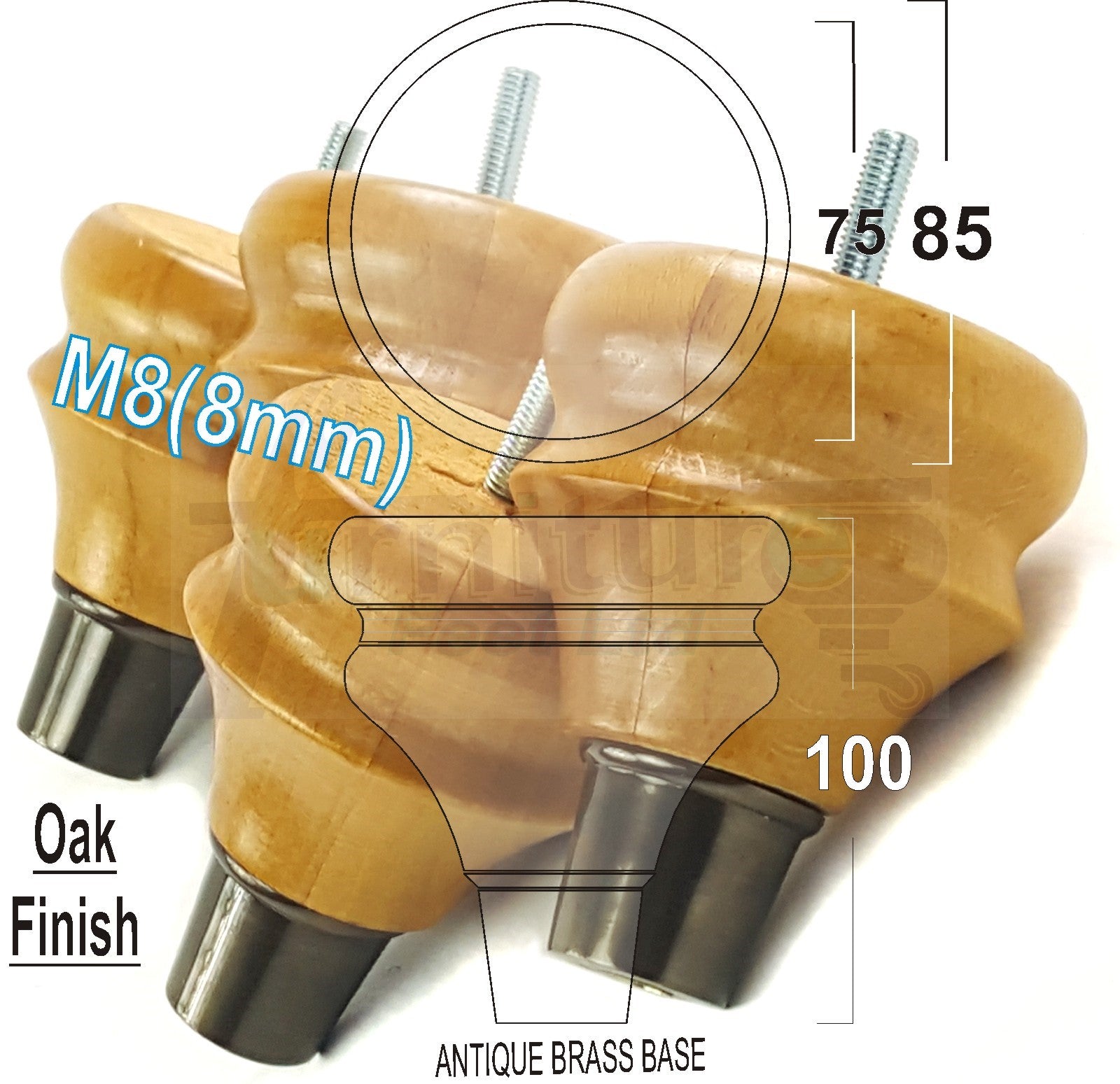 4x Turned Wood Furniture Feet M8(8mm) With Slipper Cup Chair Sofa Settee Legs 110mm