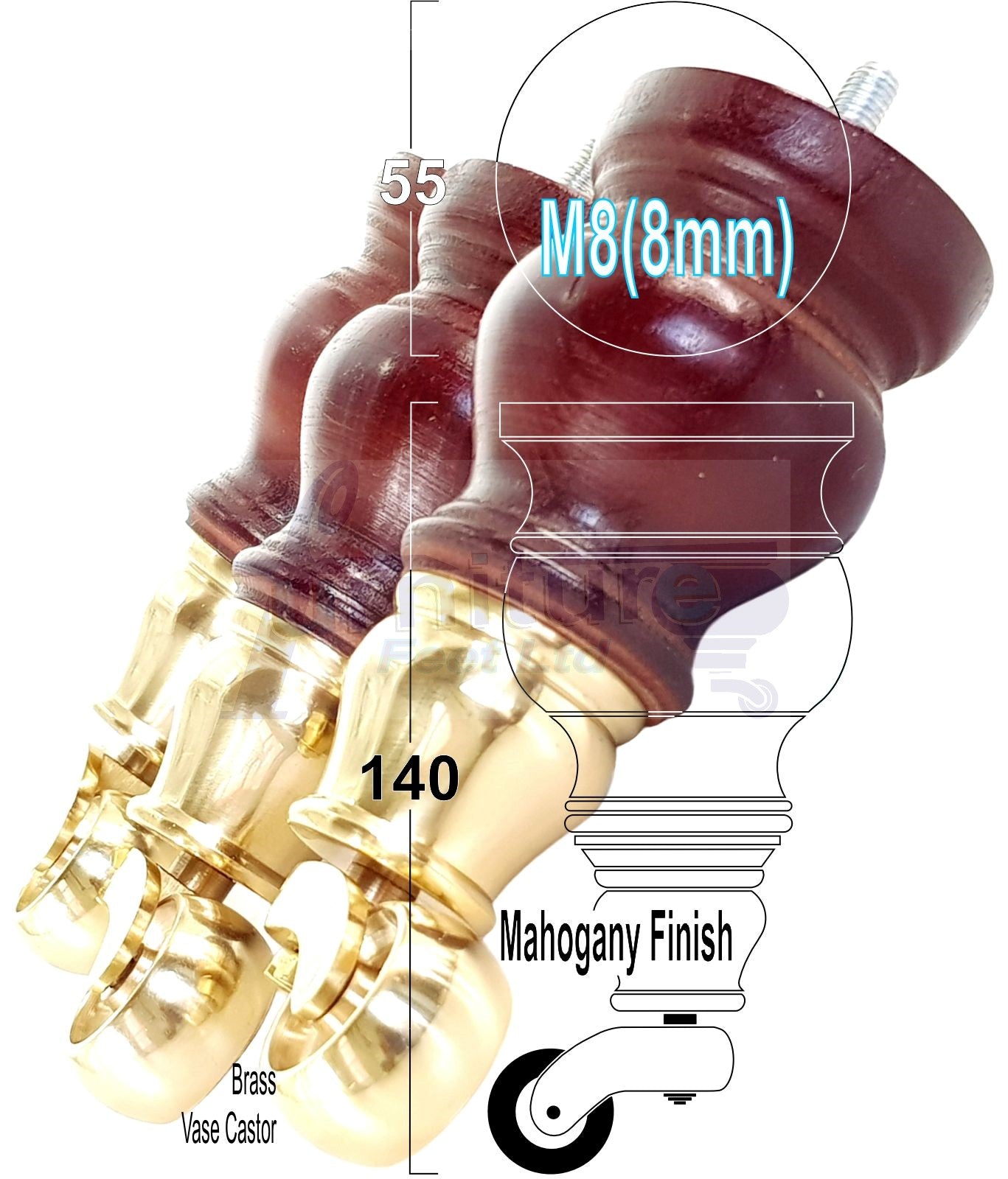 Set Of 4 Turned Wood Furniture Legs With140mm High Castor 8mm Thread For Chairs Settees & Cabinets