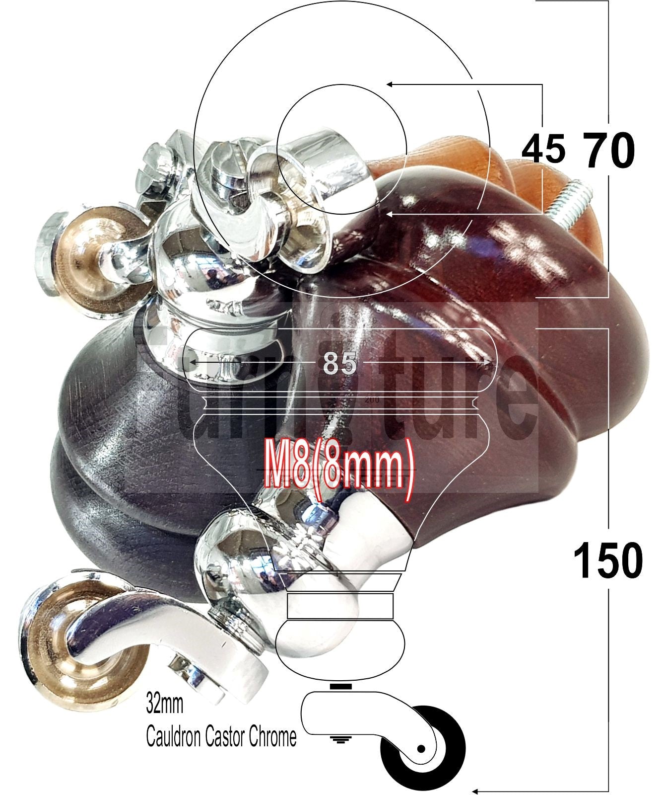 Set Of 4 Turned Furniture Wood Feet With Chrome Castors 150mm Sofas Chairs Settee Cabinets Beds M8(8mm)