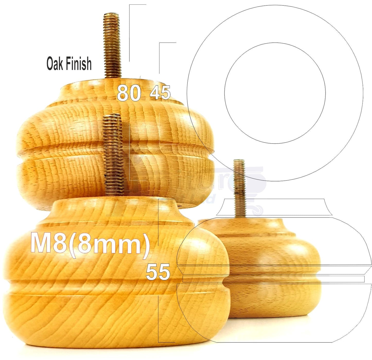 4x Soild Turned Wood Replacment Furniture Legs Sofa Feet 55mm High 8mm Thread
