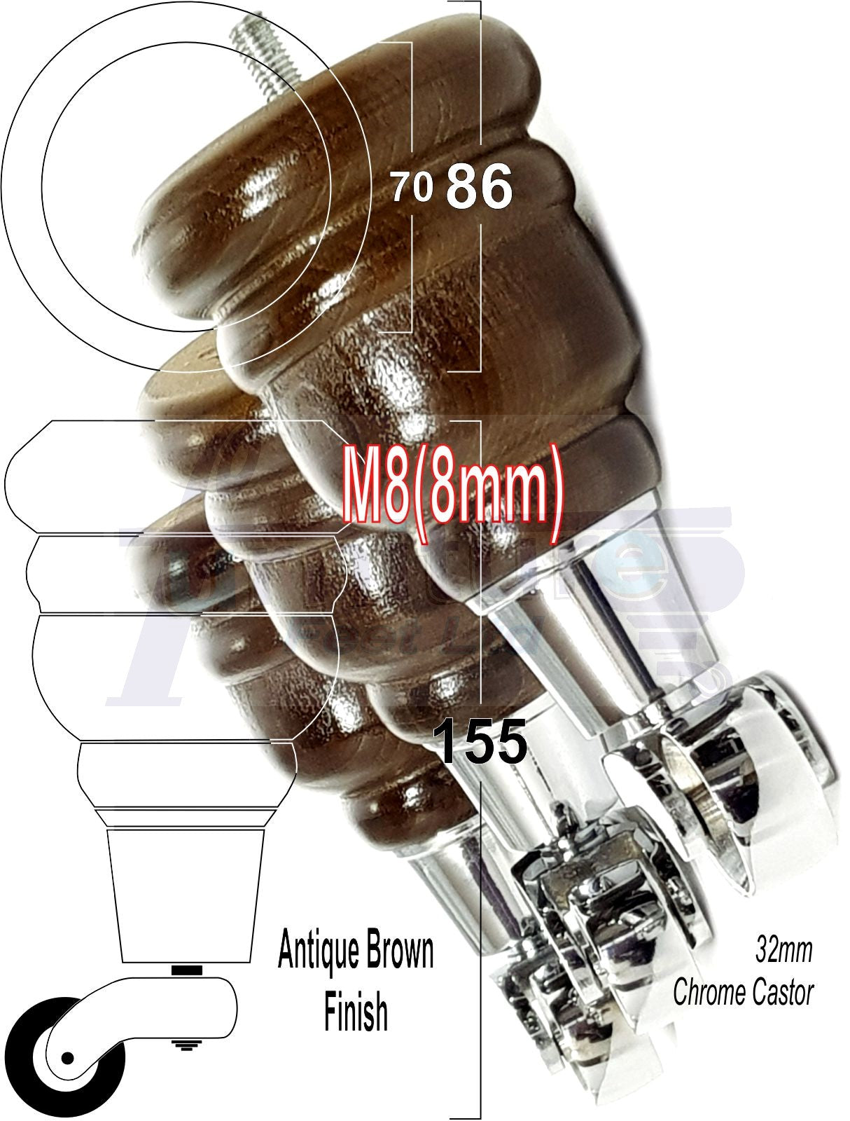 4 Turned Wood Furniture Feet With Chrome Castors 155mm Legs Sofas Chairs Stools Cabinets Beds M8 6 Inches