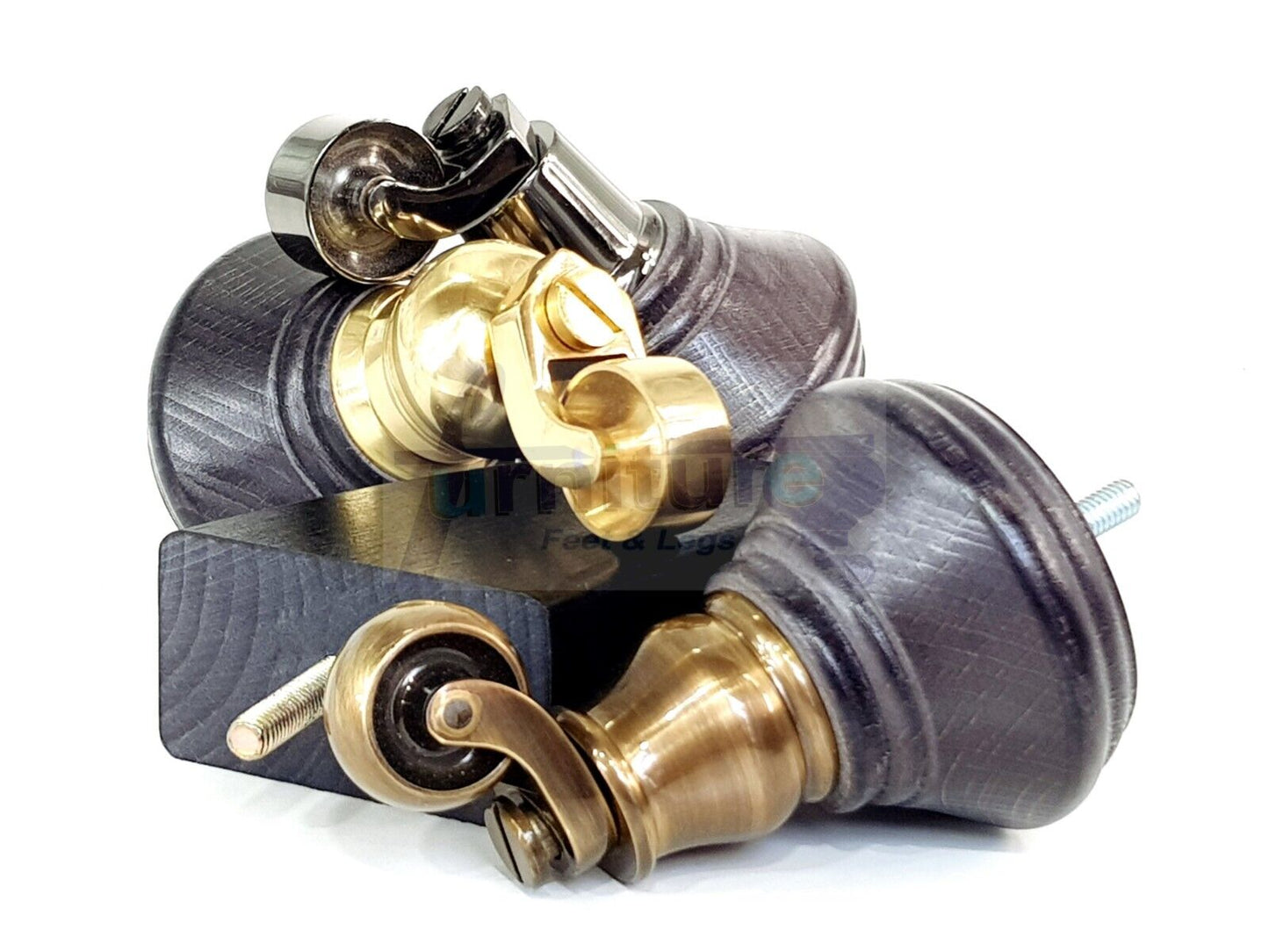 2 Black Stain Wood Furniture Sofa Feet With Castor 125mm & 2 Curved Legs Chair Settee 100mm High M8