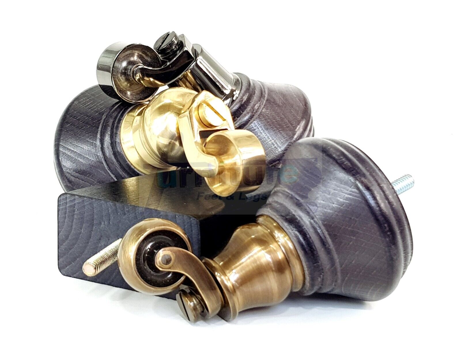 2 Black Stain Wood Furniture Sofa Feet With Castor 125mm & 2 Curved Legs Chair Settee 100mm High M8