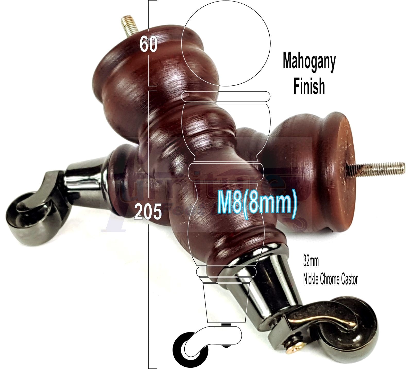 Solid Wood Furniture Feet With Castors Set of 4 Legs 205mm High For Sofas Chairs Cabinets & Beds M8 Mahogany Finish