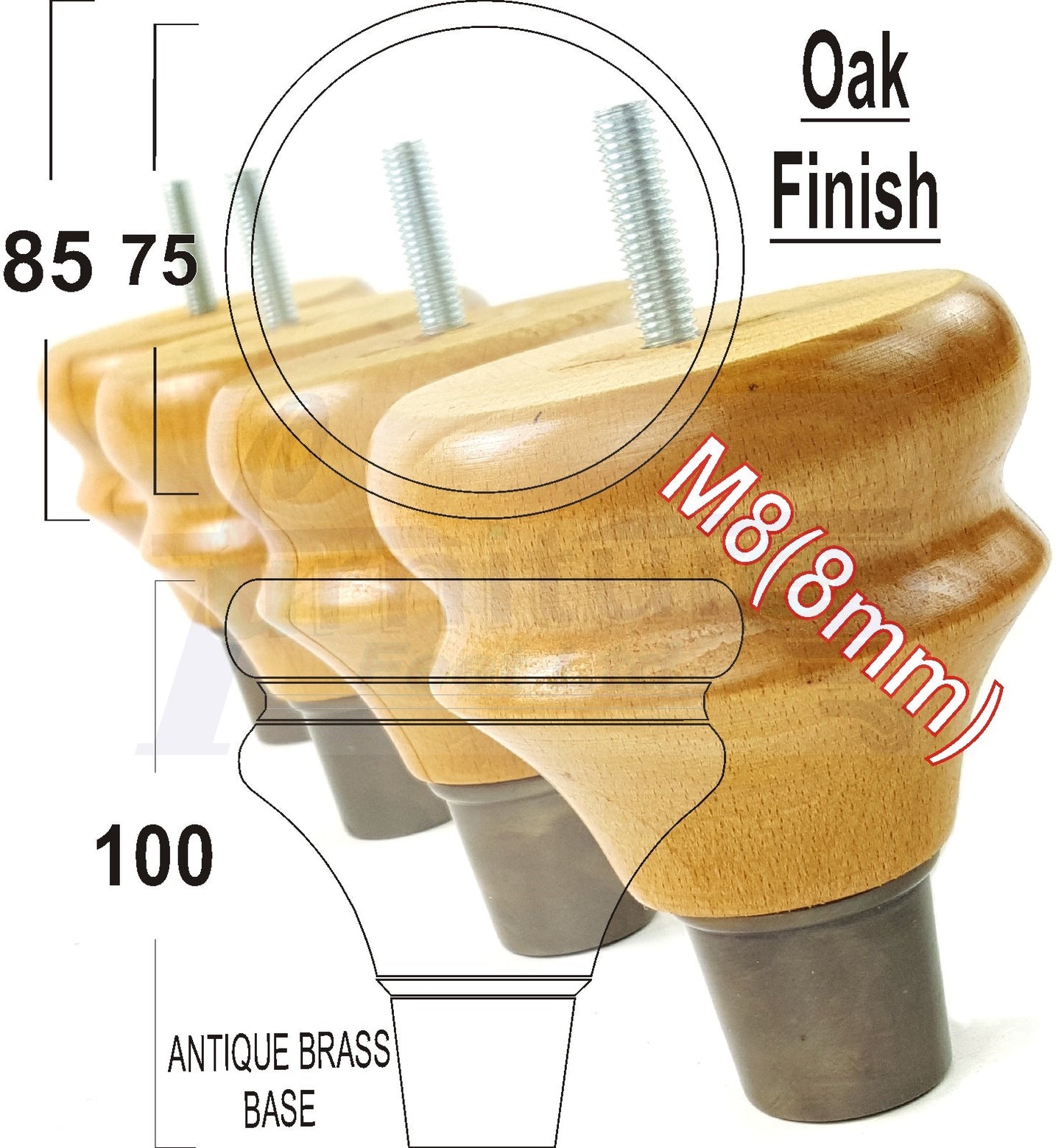 4x Turned Wood Furniture Feet M8(8mm) With Slipper Cup Chair Sofa Settee Legs 110mm