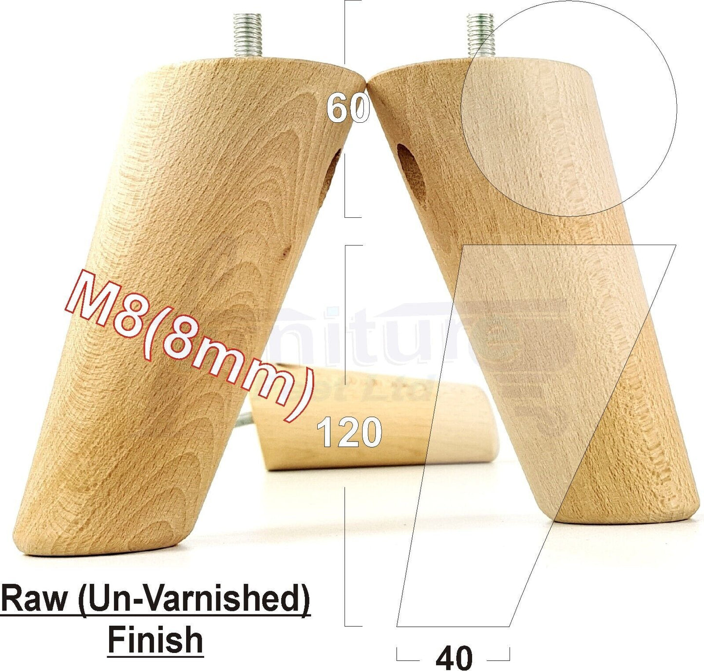 4 Solid Wood Turned Furniture Feet Replacement Mid Centry Angled Retro Legs 120mm High M8 Sofa Chairs Stools Cabinets Beds