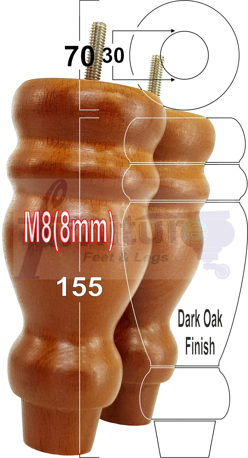 Set Of 4 Turned Wood Furniture Replacement Feet 155mm High 8mm Tread