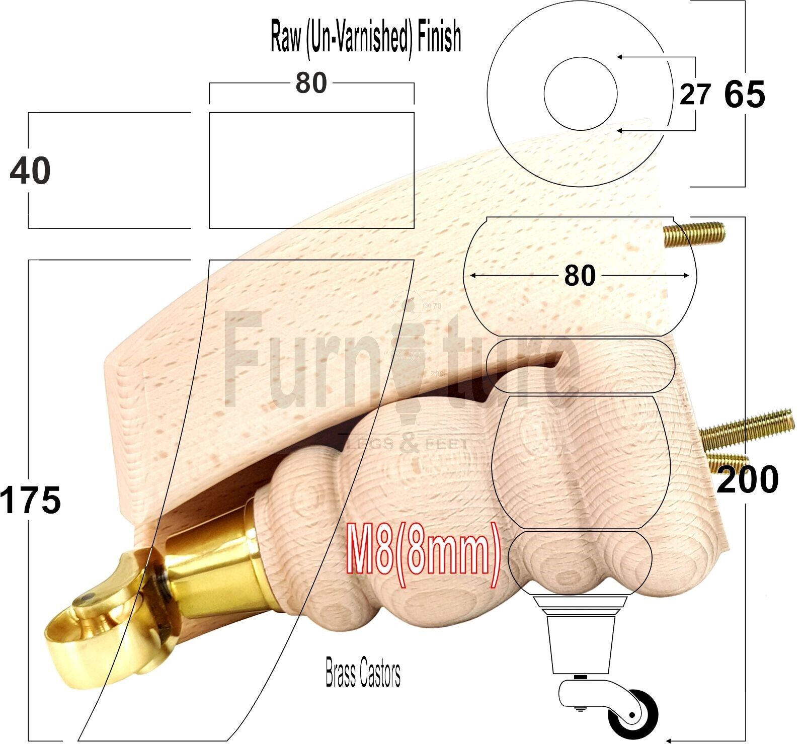 2x Furniture Castor Legs & 2x Curved Solid Wooden Feet M8 Chairs Sofa 200mm High