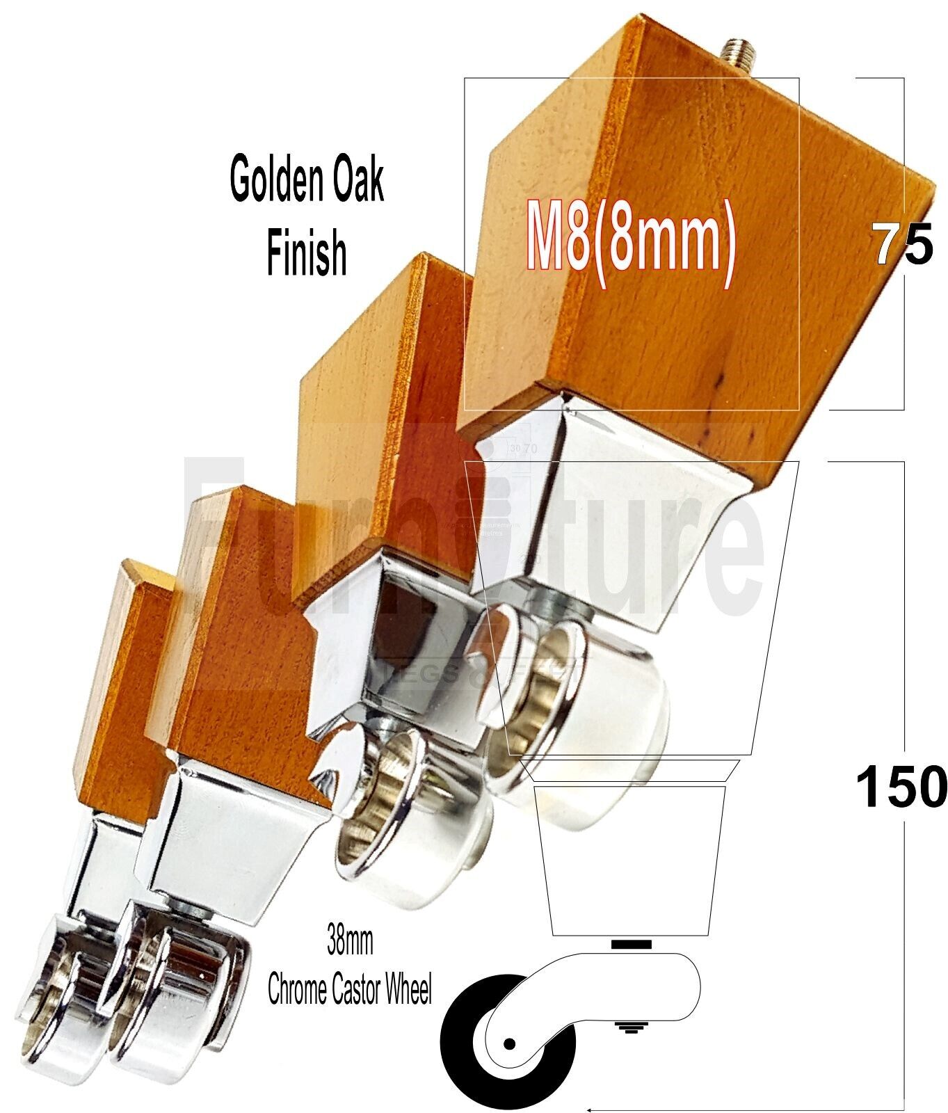 4x Block Wood Furniture Legs With Chrome Castors For Sofa Chairs Settees 8mm Thread 150mm High