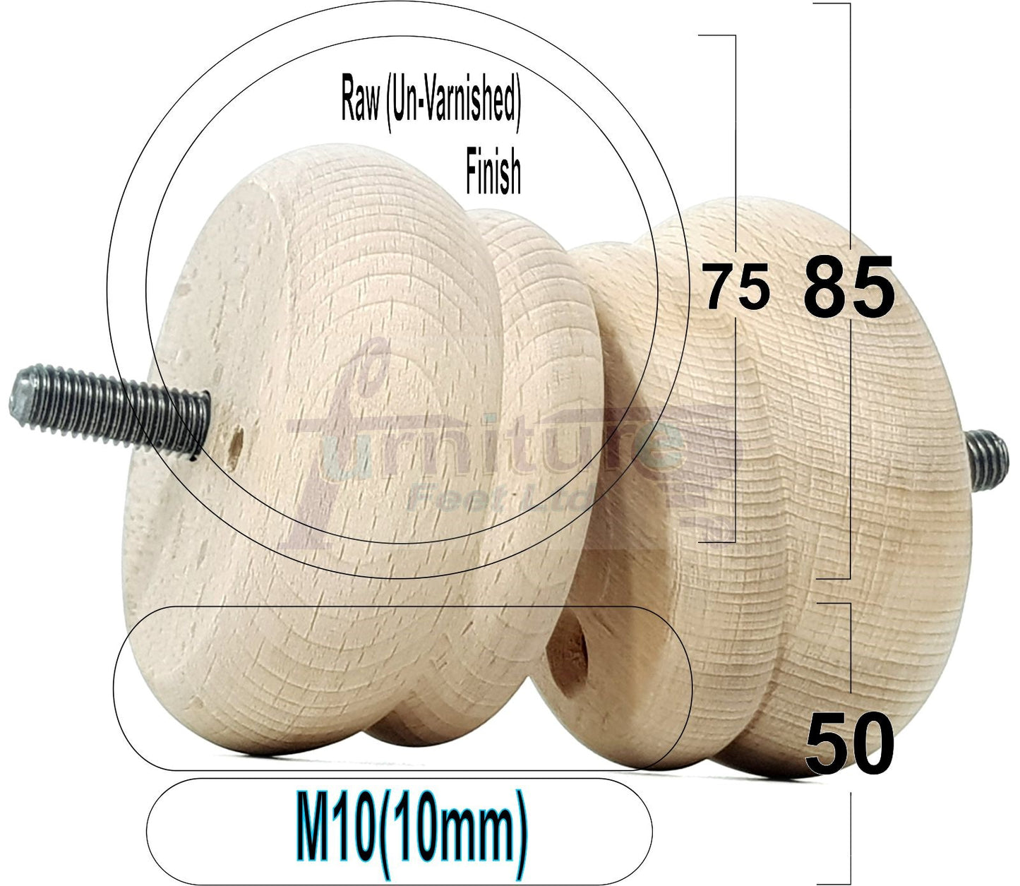 4 Wood Bun Feet Replacement Furniture Legs 50mm High M10 Thread Chairs Beds