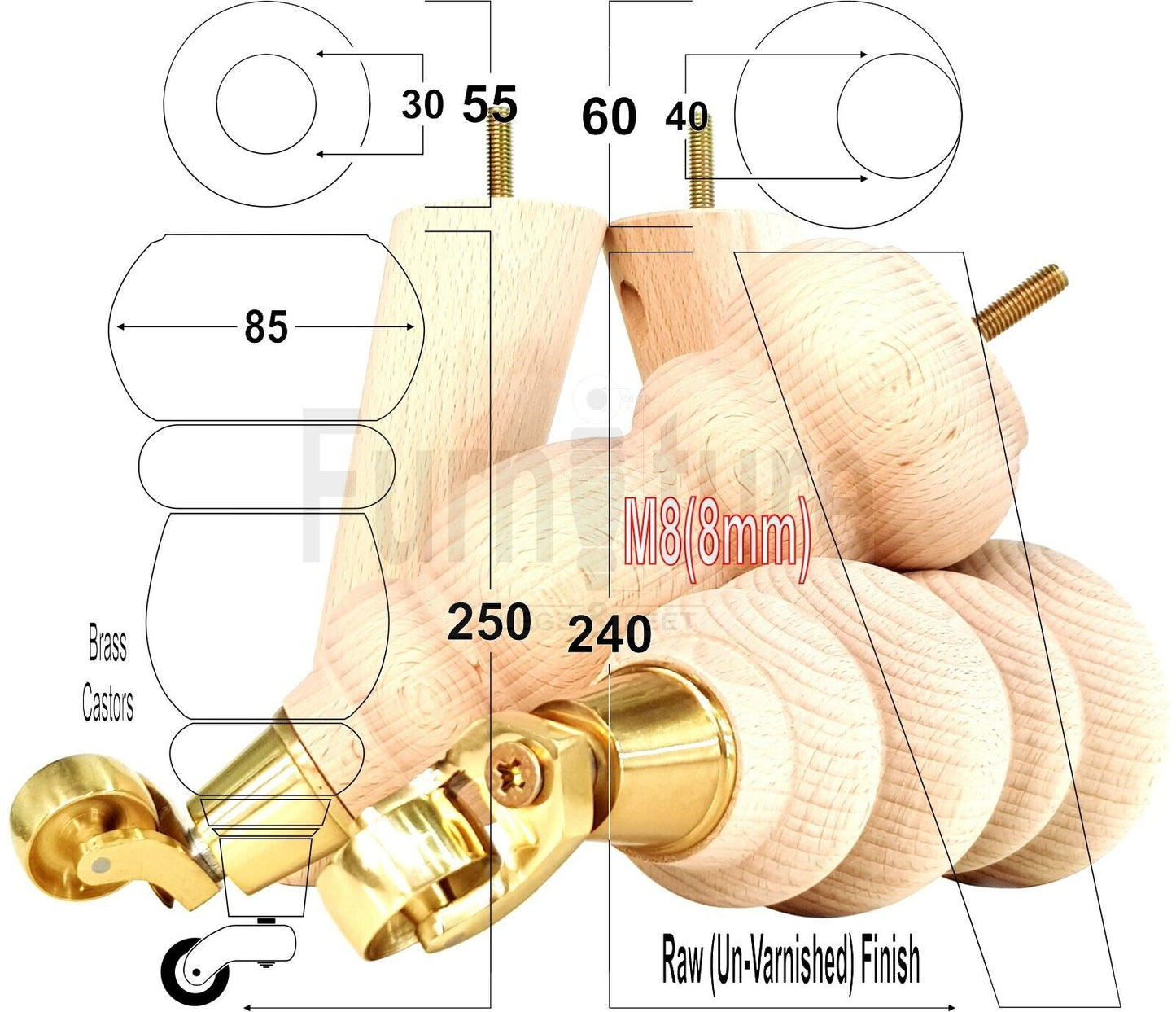 2x Furniture Brass Castor Legs & 2x Angled Solid Wooden Feet M8 Chairs Sofa 250mm High