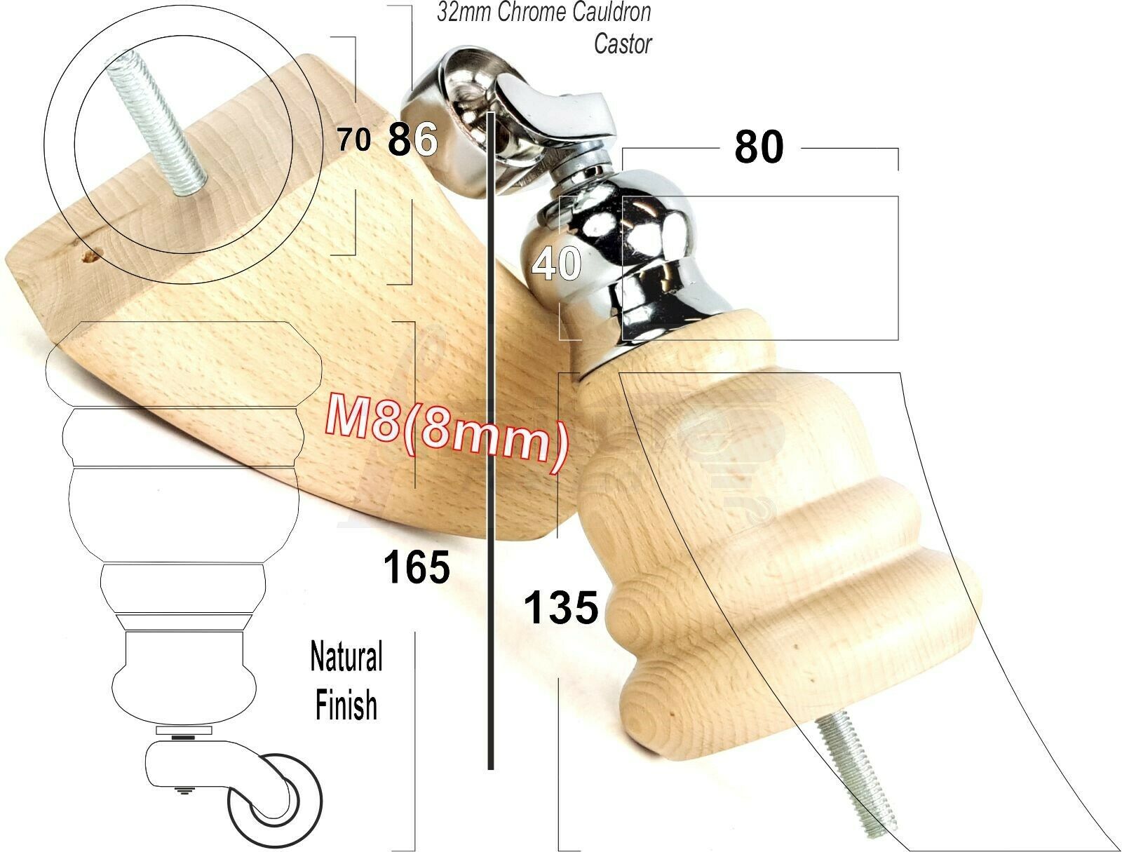 Turned Natural Wood Furniture Feet 2 With Castors 155mm and 2 Curved Back Legs Sofas Chairs Stools Cabinets Beds M8 6 Inches
