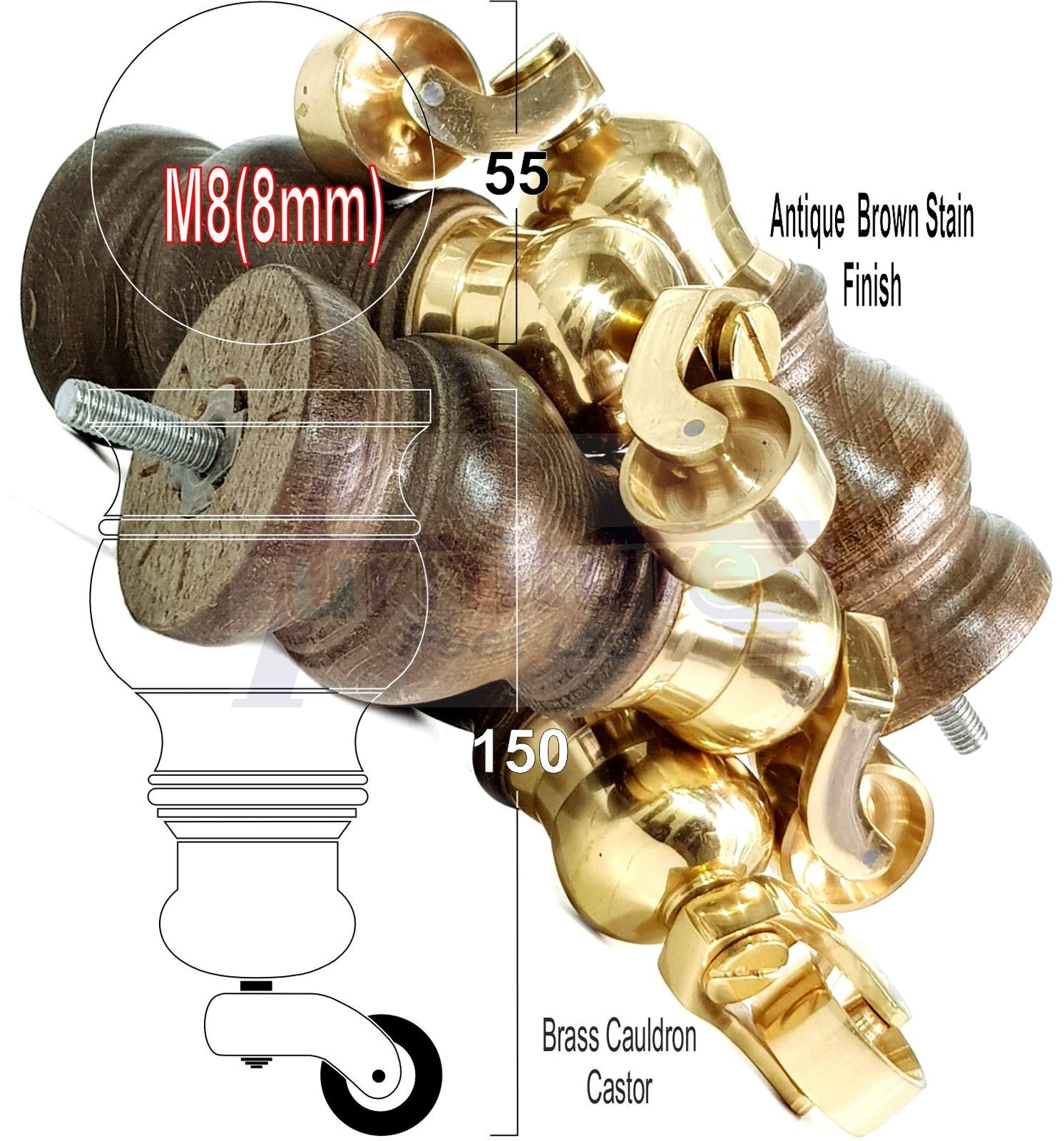 Set Of 4 Turned Wood Furniture Legs With 150mm High Castor 8mm Thread For Chairs Settees & Cabinets Antique Brown Stain