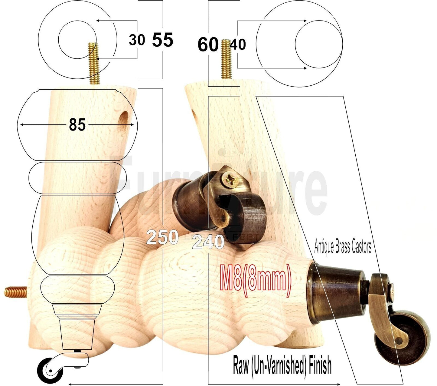 4x Turned Solid Wood Furniture Legs Replacement Feet 250mm High 8mm Thread