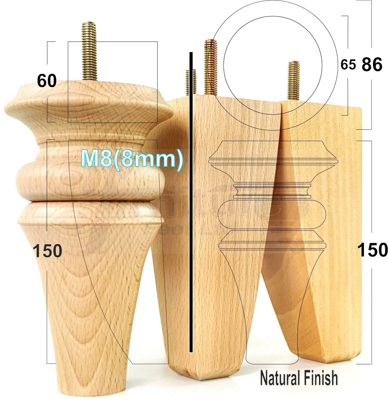 2x Turned & 2x Curved Back Wooden Feet Replacement Furniture Legs 150mm M8(8mm)