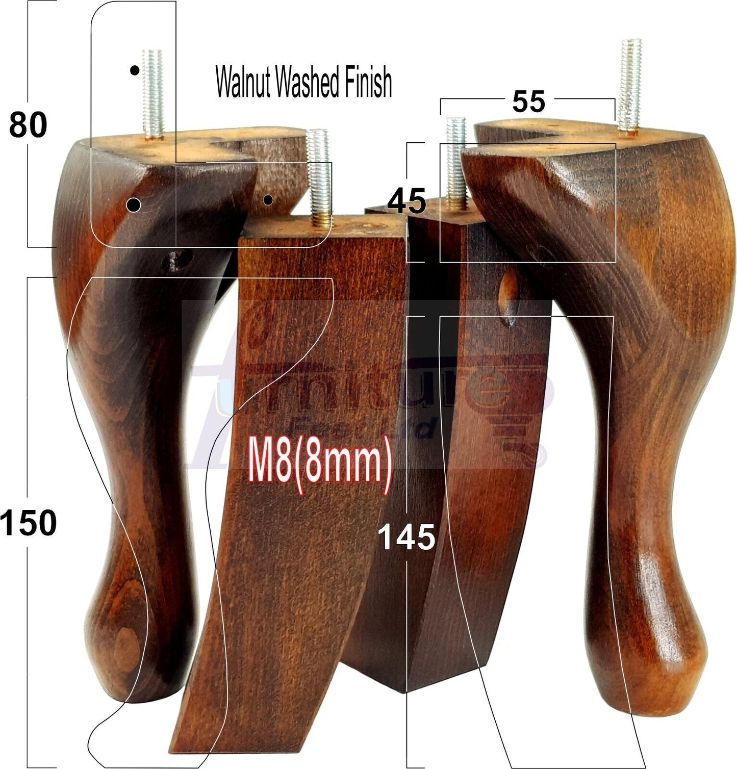 2x Vintage Queen Anne Replacement Furniture Legs & 2x Curved Back Feet 150mm 6 Inch High 8mm Thread