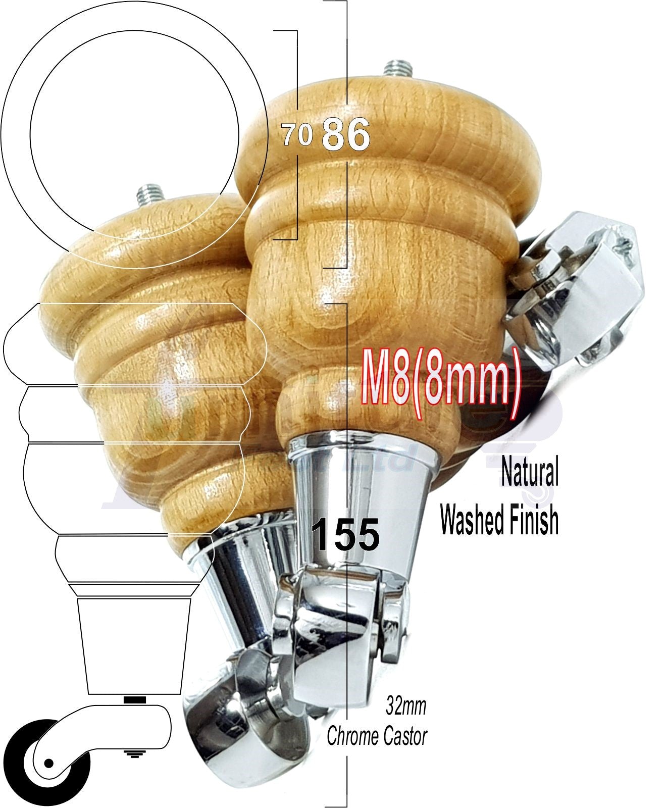 4 Turned Wood Furniture Feet With Chrome Castors 155mm Legs Sofas Chairs Stools Cabinets Beds M8 6 Inches