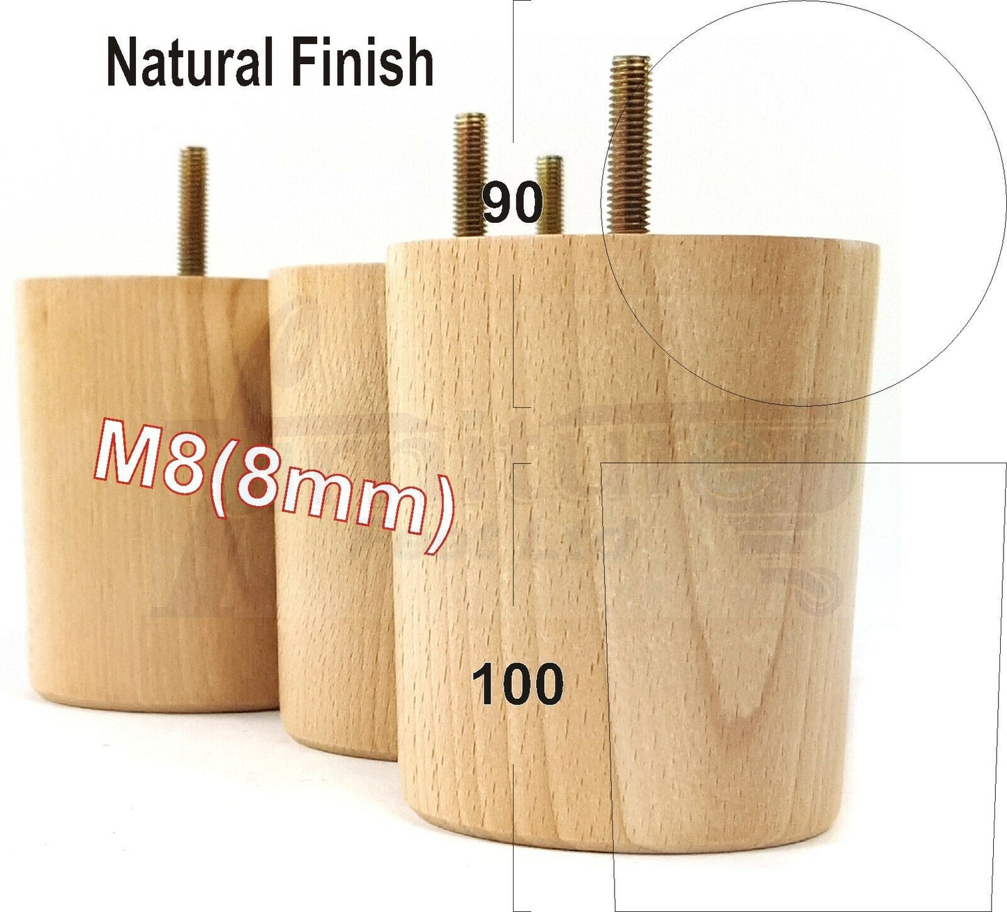4x Turned Wood Furniture Legs Chair Sofa Bed M8 Replacement Settee Feet 100mm