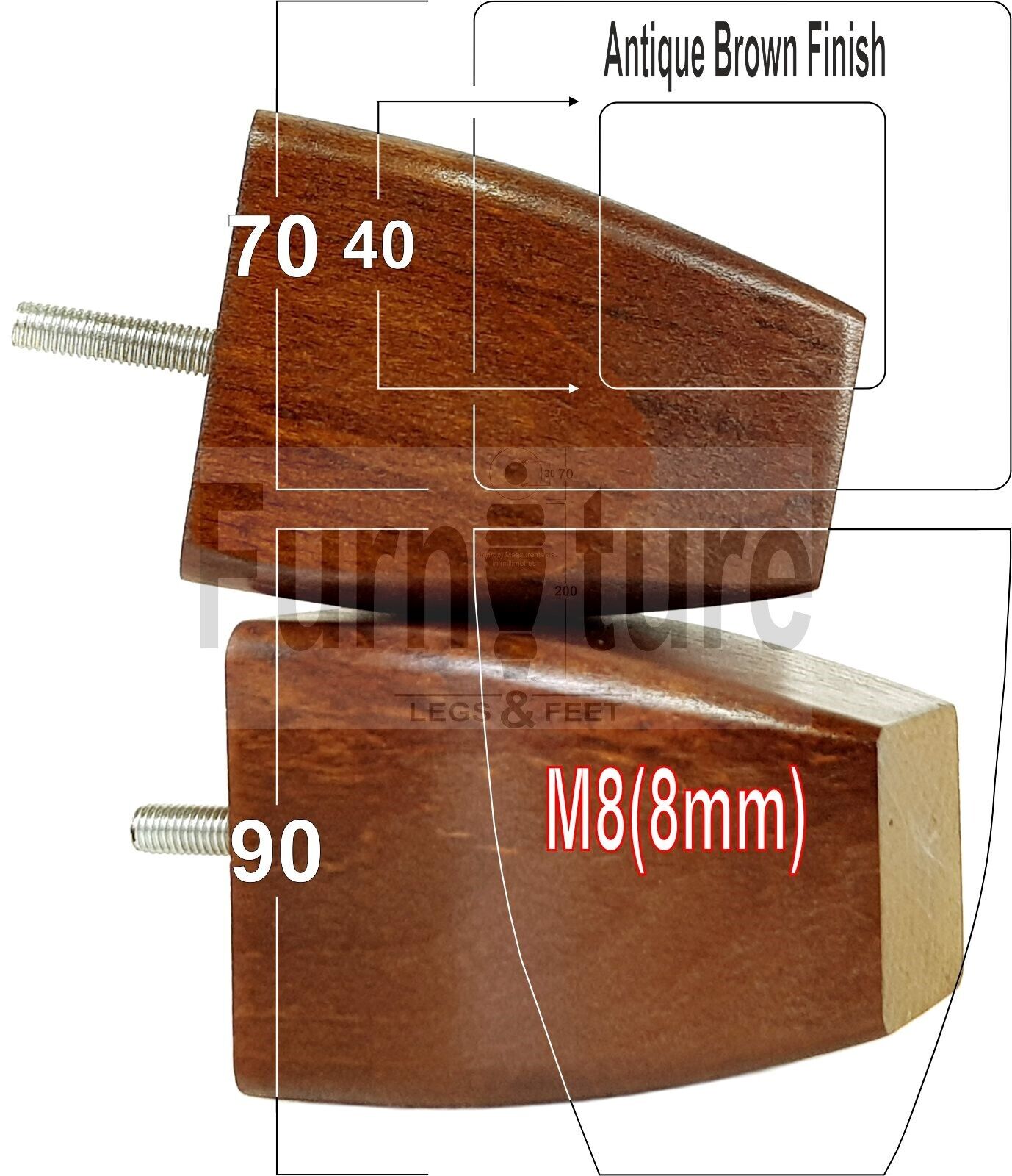 Set Of 4 Solid Wooden Block Furniture Feet Replacement Legs 90mm High M8(8mm)