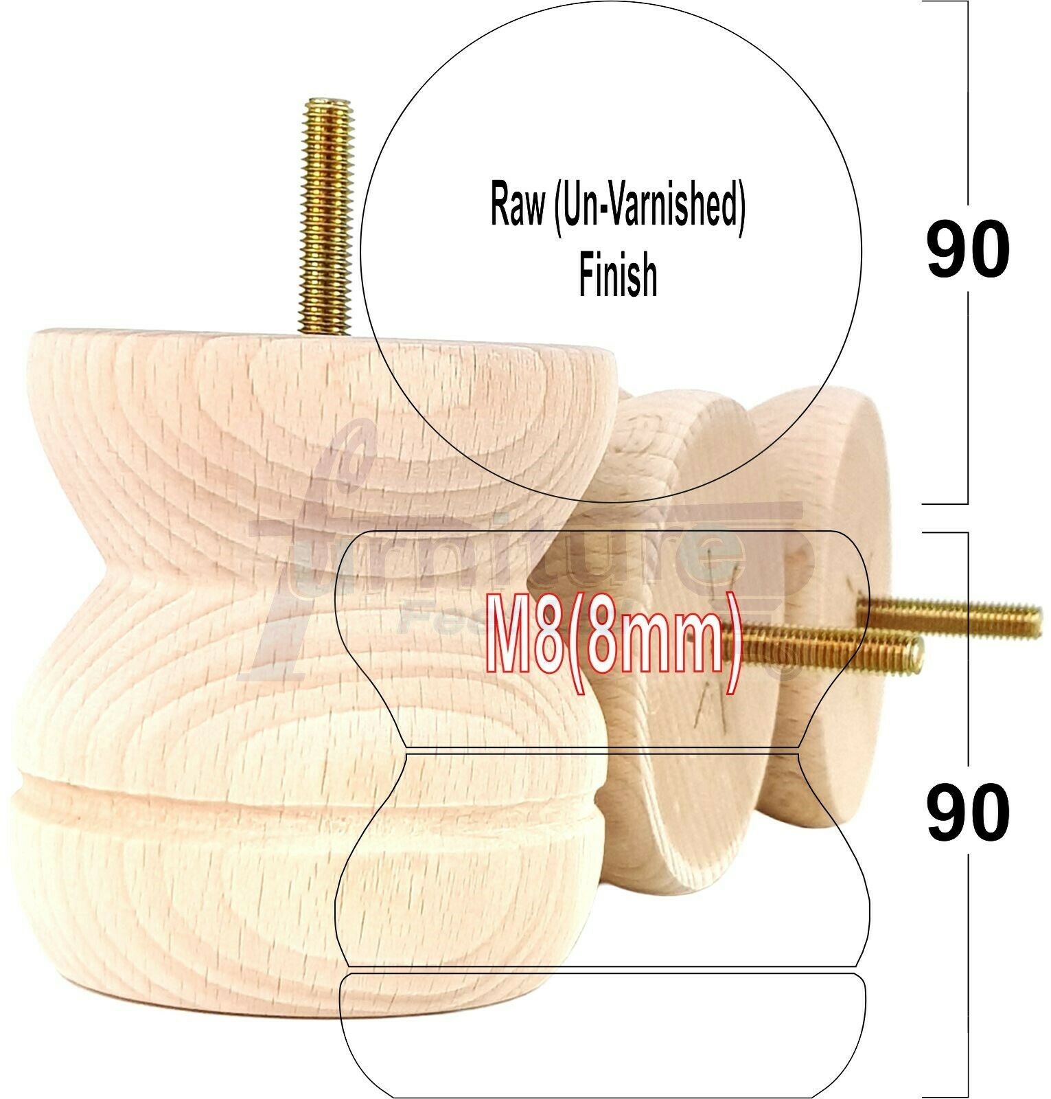 4x Turned Solid Wood Furniture Legs Replacement Bun Feet 90mm High 8mm Thread