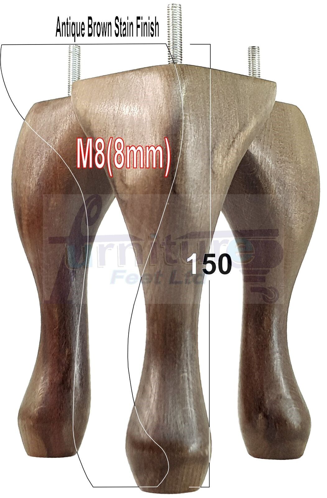 4 Solid Wood Furniture Feet 150mm High Queen Anne Replacement Legs M8 (8mm) 6 Inches Chair Stools Bed Sofa Georgian Style