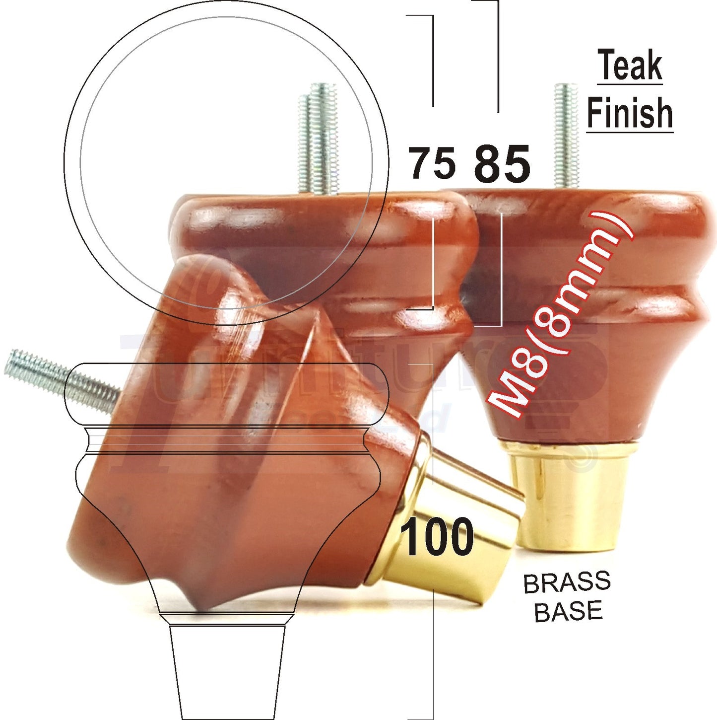 4x Turned Wood Furniture Feet M8(8mm) With Slipper Cup Chair Sofa Settee Legs 110mm