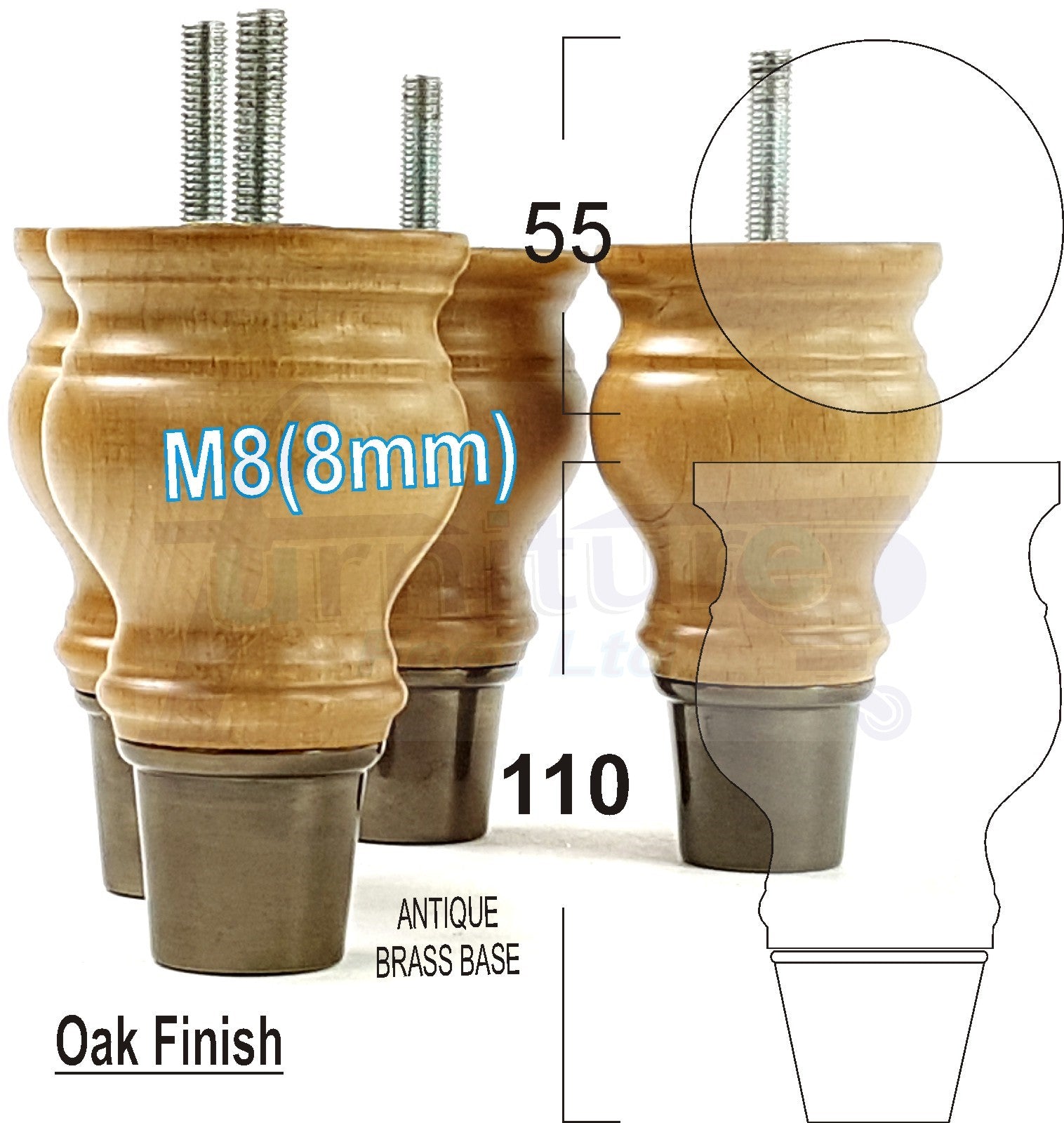4x Turned Wood Furniture Feet M8(8mm) With Slipper Cup Chair Sofa Settee Legs 110mm