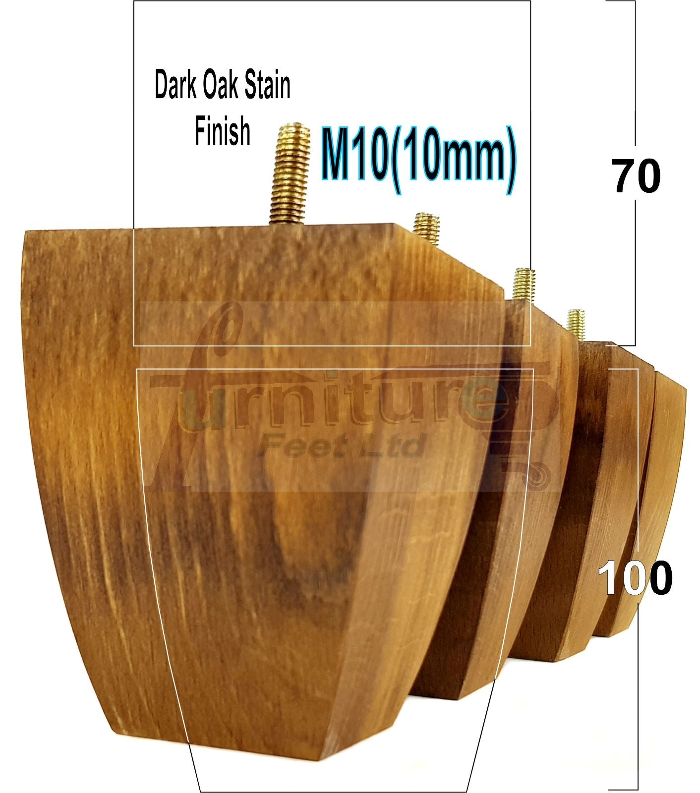 Set Of 4 Square Block Solid Wood Furniture Feet Replacement Legs 100mm High M10 Thread