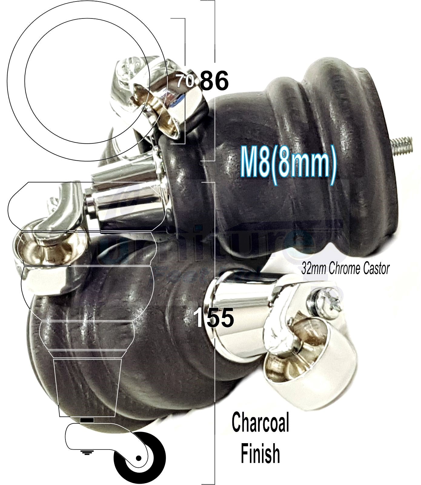 4 Turned Wood Furniture Feet With Chrome Castors 155mm Legs Sofas Chairs Stools Cabinets Beds M8 6 Inches
