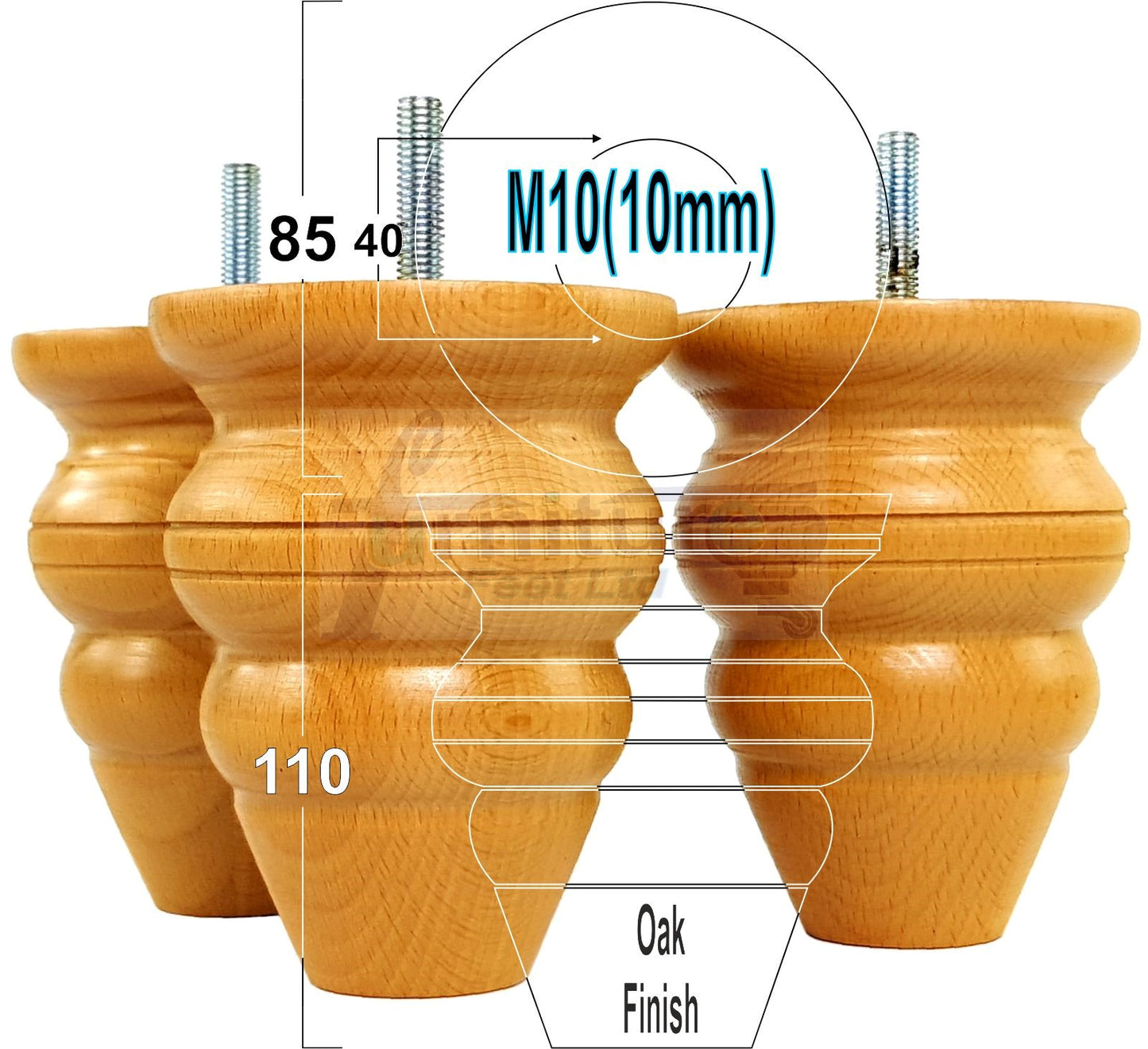 4 Turned Wood Furniture Legs Replacement Feet 110mm High Chairs Stools Sofa's Beds Settee M10 Thread